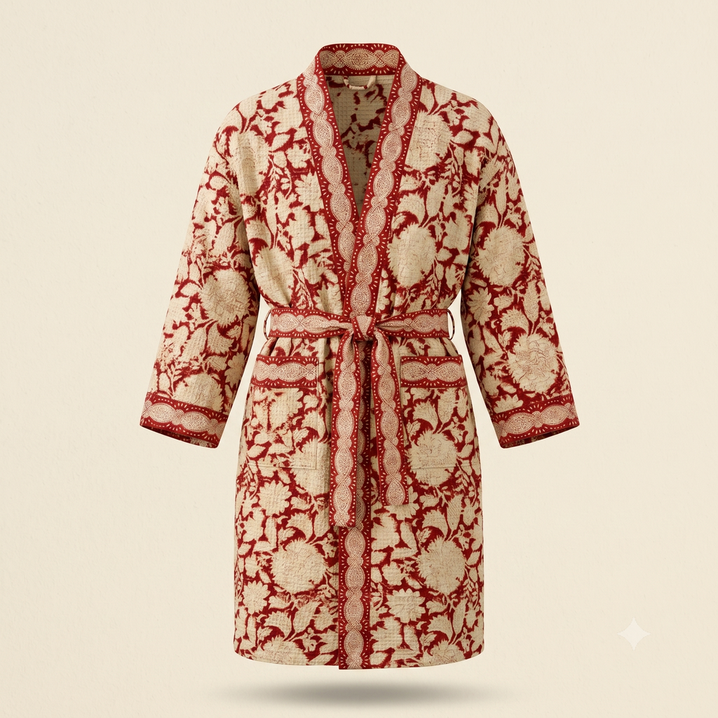 Cream & Red Floral Waffle Cotton Kimono Robe – Camellia