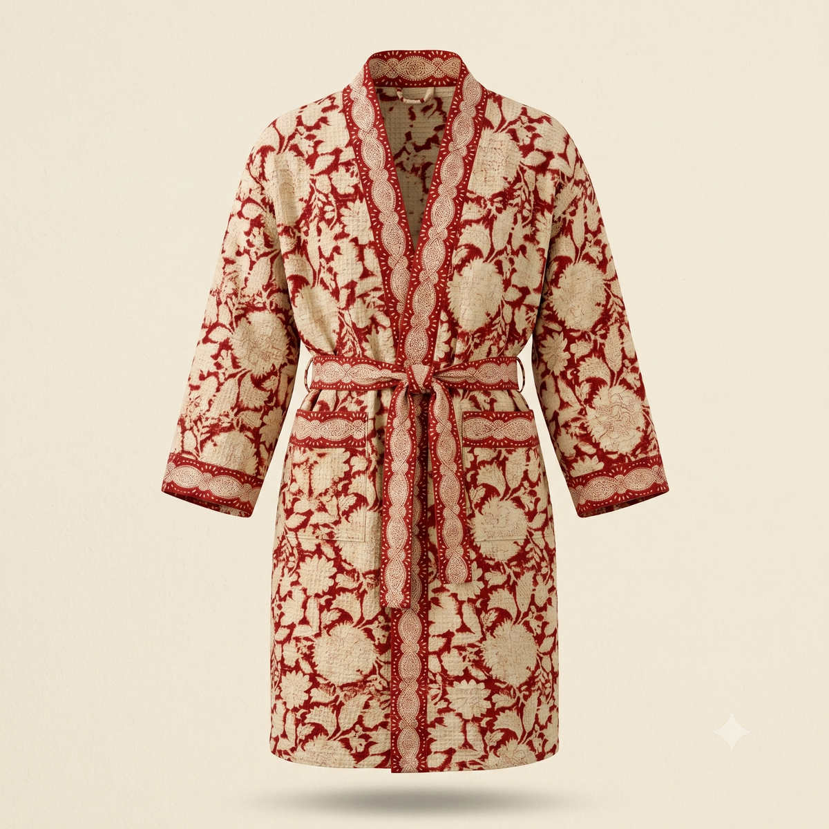 Cream & Red Floral Waffle Cotton Kimono Robe – Camellia