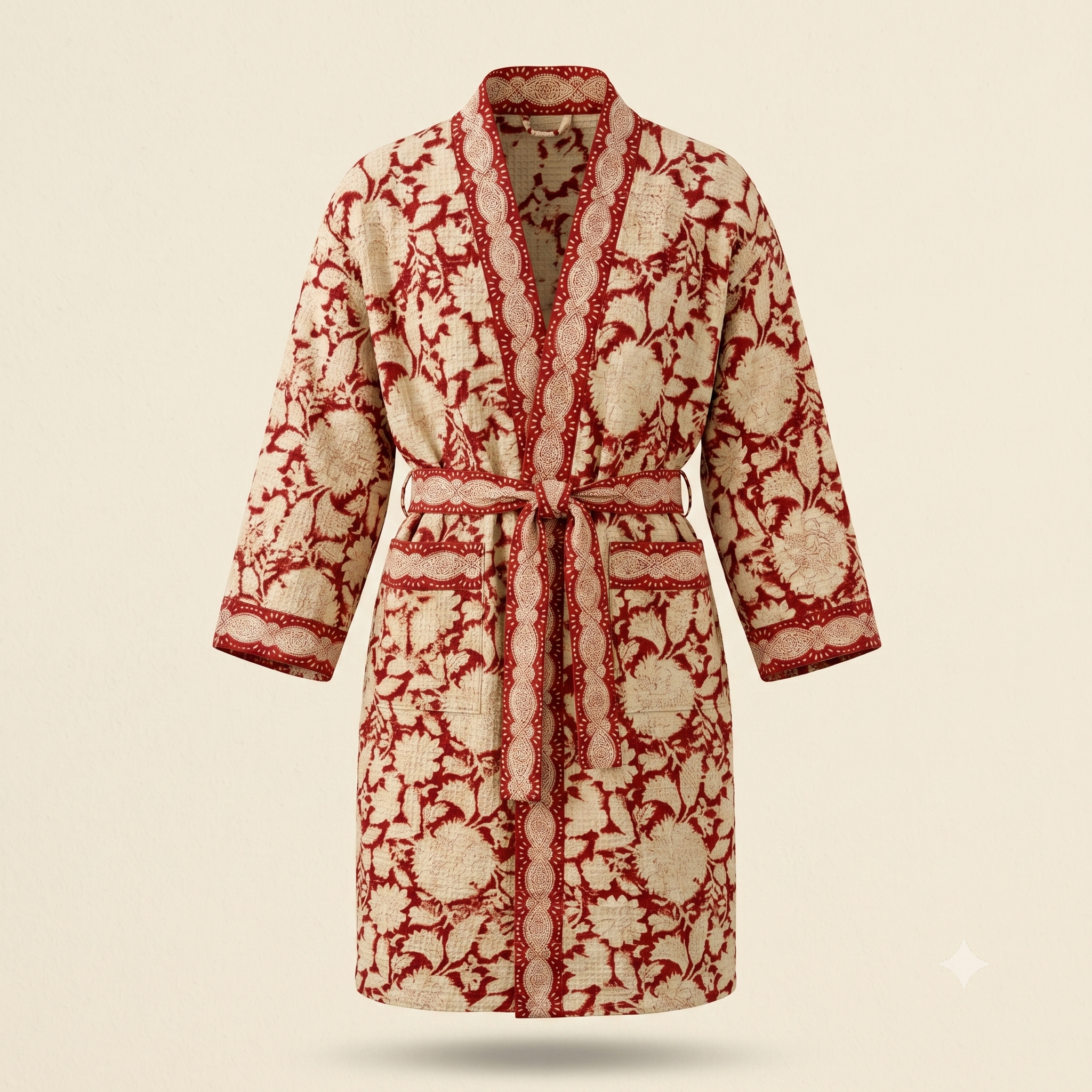 Cream & Red Floral Waffle Cotton Kimono Robe – Camellia