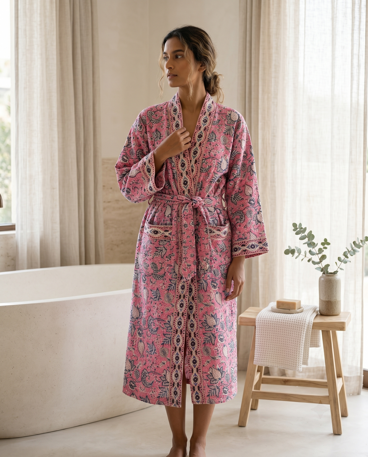 Pink & Blue Floral Waffle Cotton Kimono Robe – Rosette