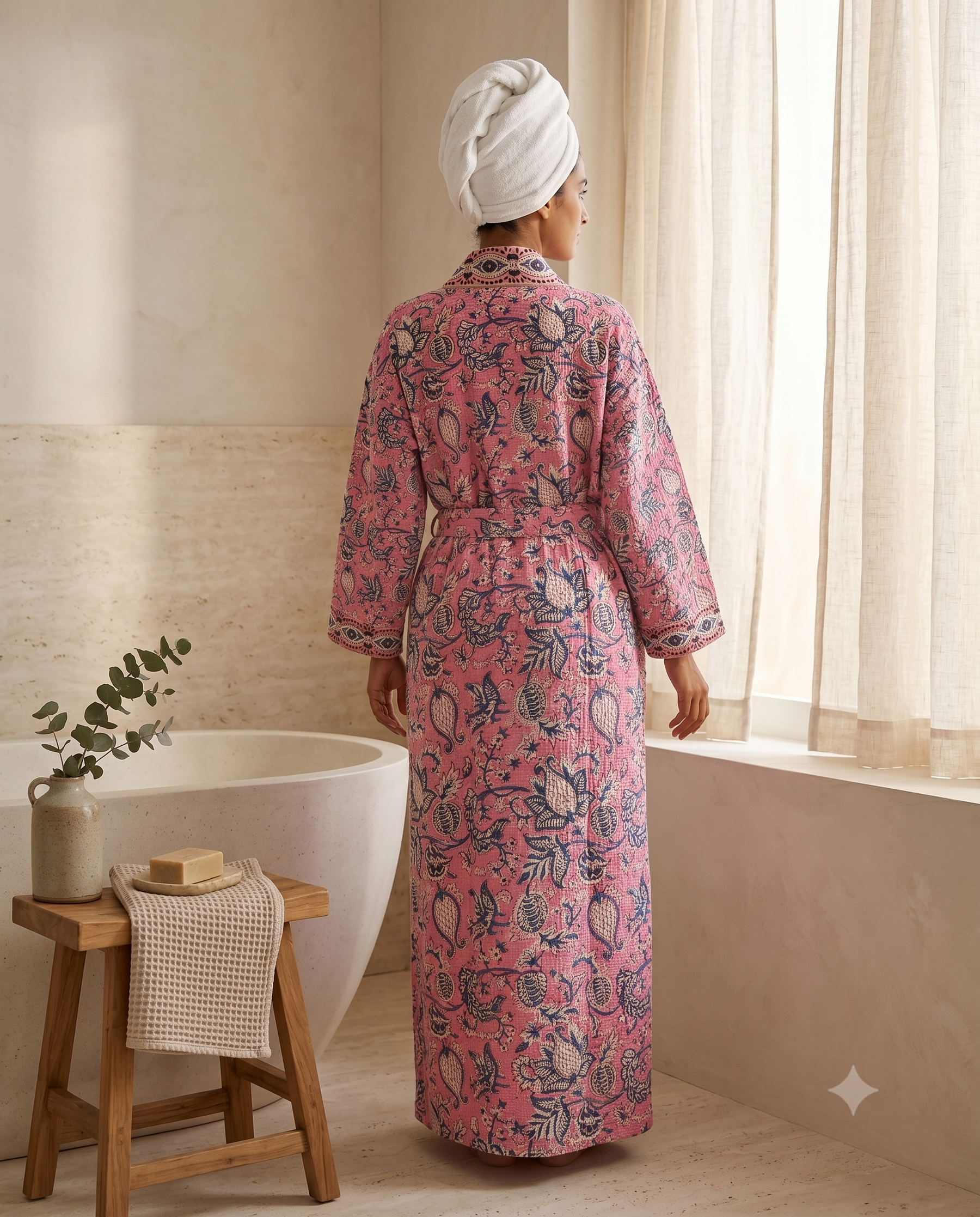 Pink & Blue Floral Waffle Cotton Kimono Robe – Rosette