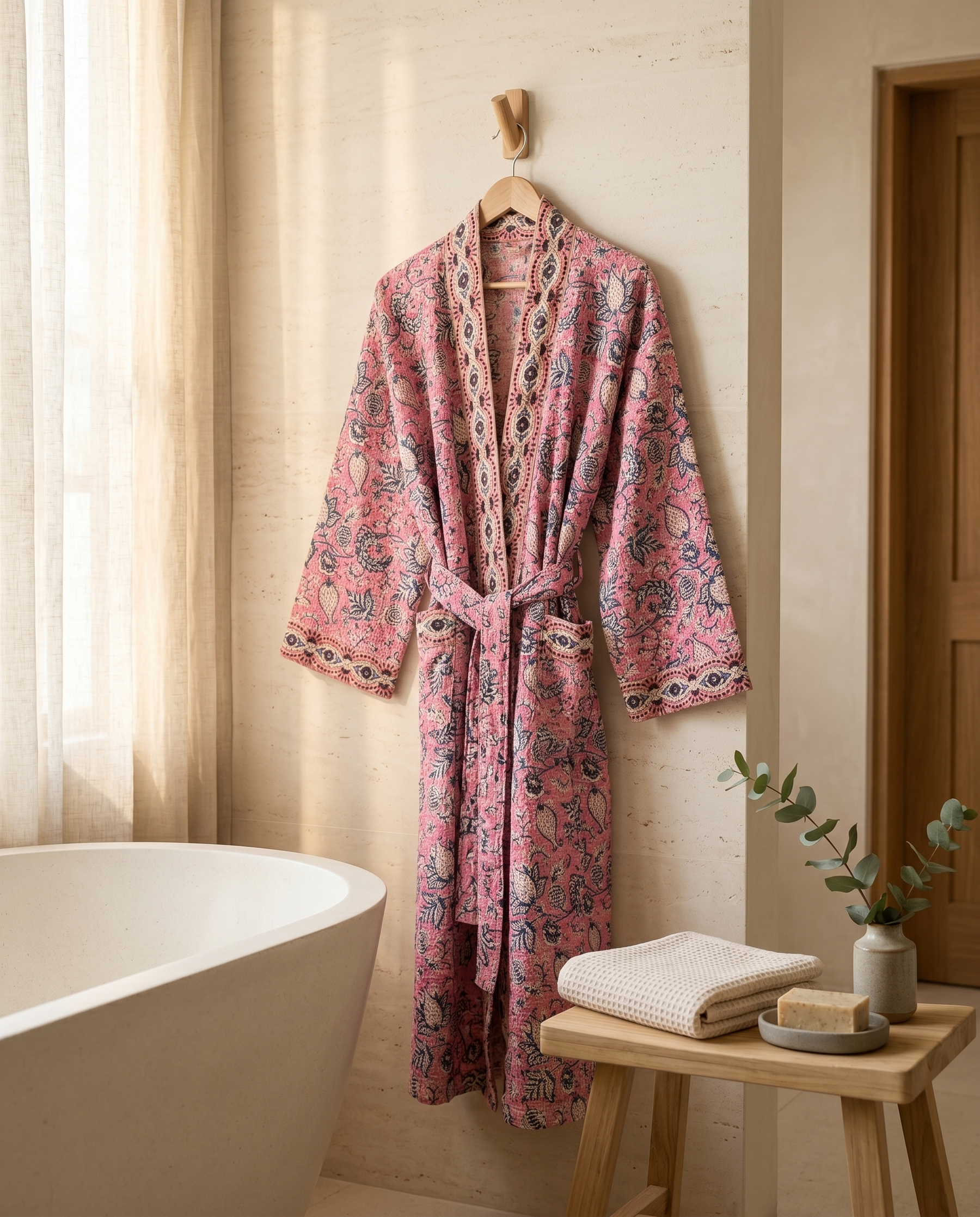Pink & Blue Floral Waffle Cotton Kimono Robe – Rosette