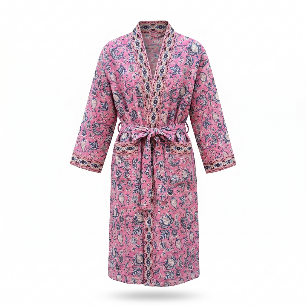 Pink & Blue Floral Waffle Cotton Kimono Robe – Rosette