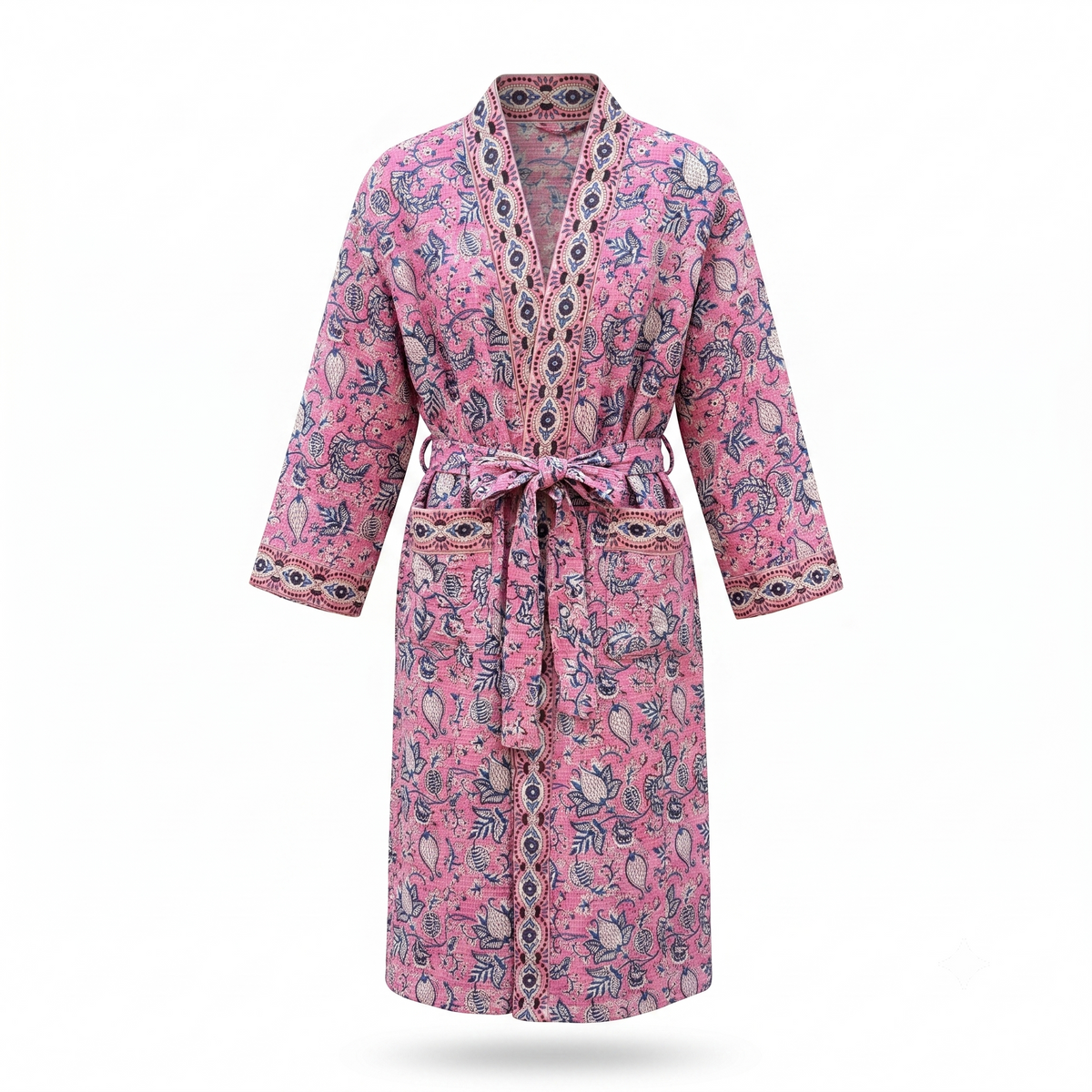 Pink & Blue Floral Waffle Cotton Kimono Robe – Rosette