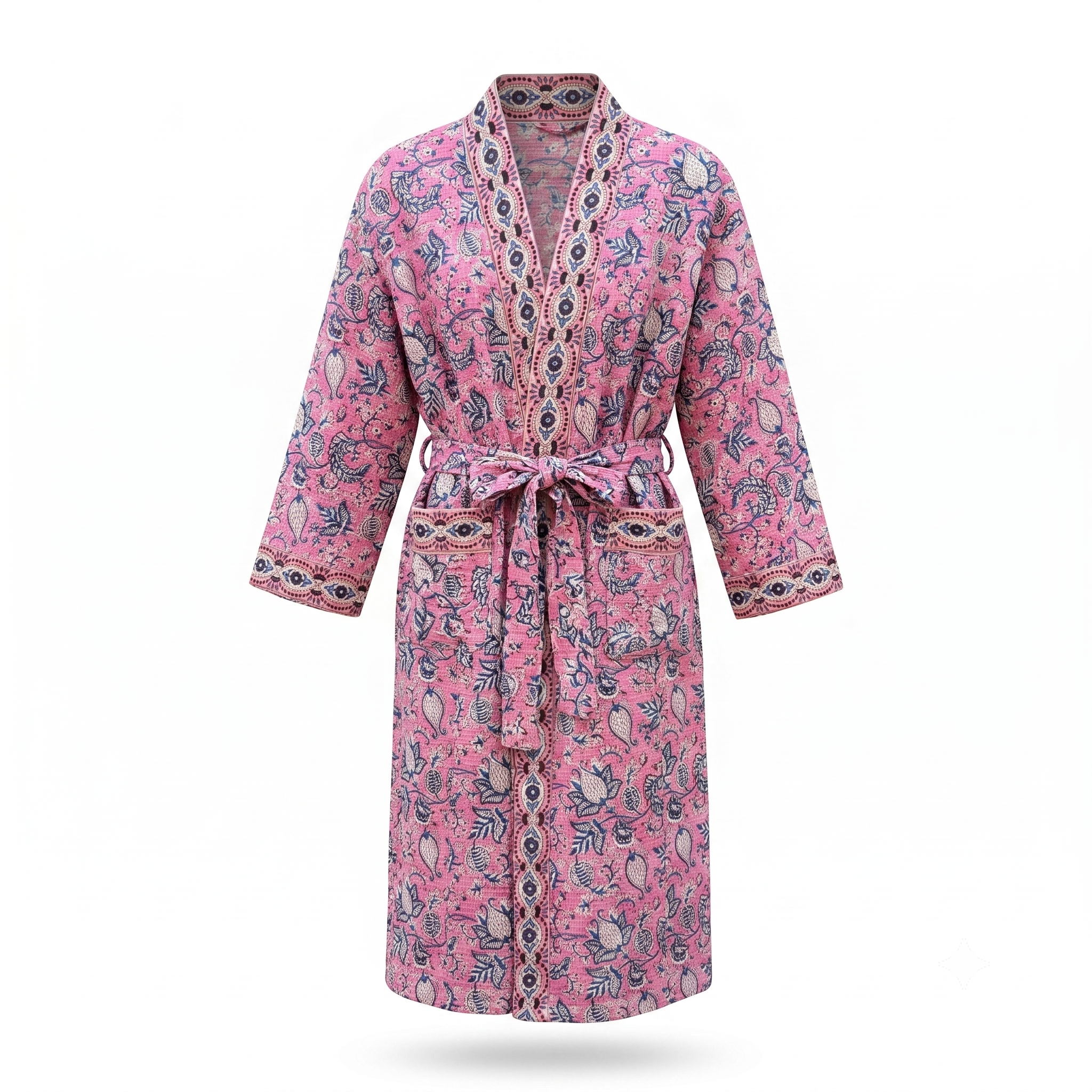 Pink & Blue Floral Waffle Cotton Kimono Robe – Rosette