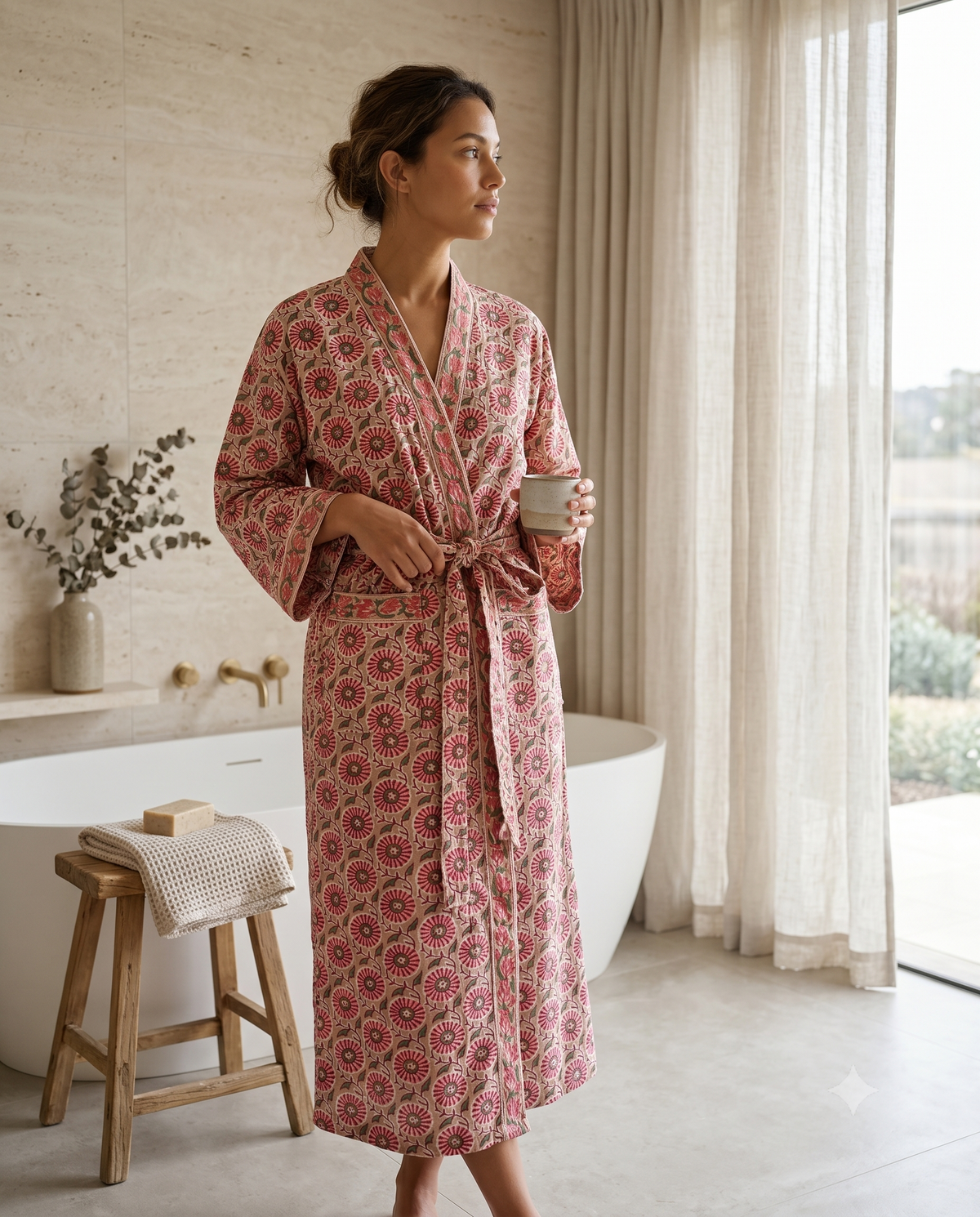 Taupe & Red Floral Waffle Cotton Kimono Robe – Marguerite
