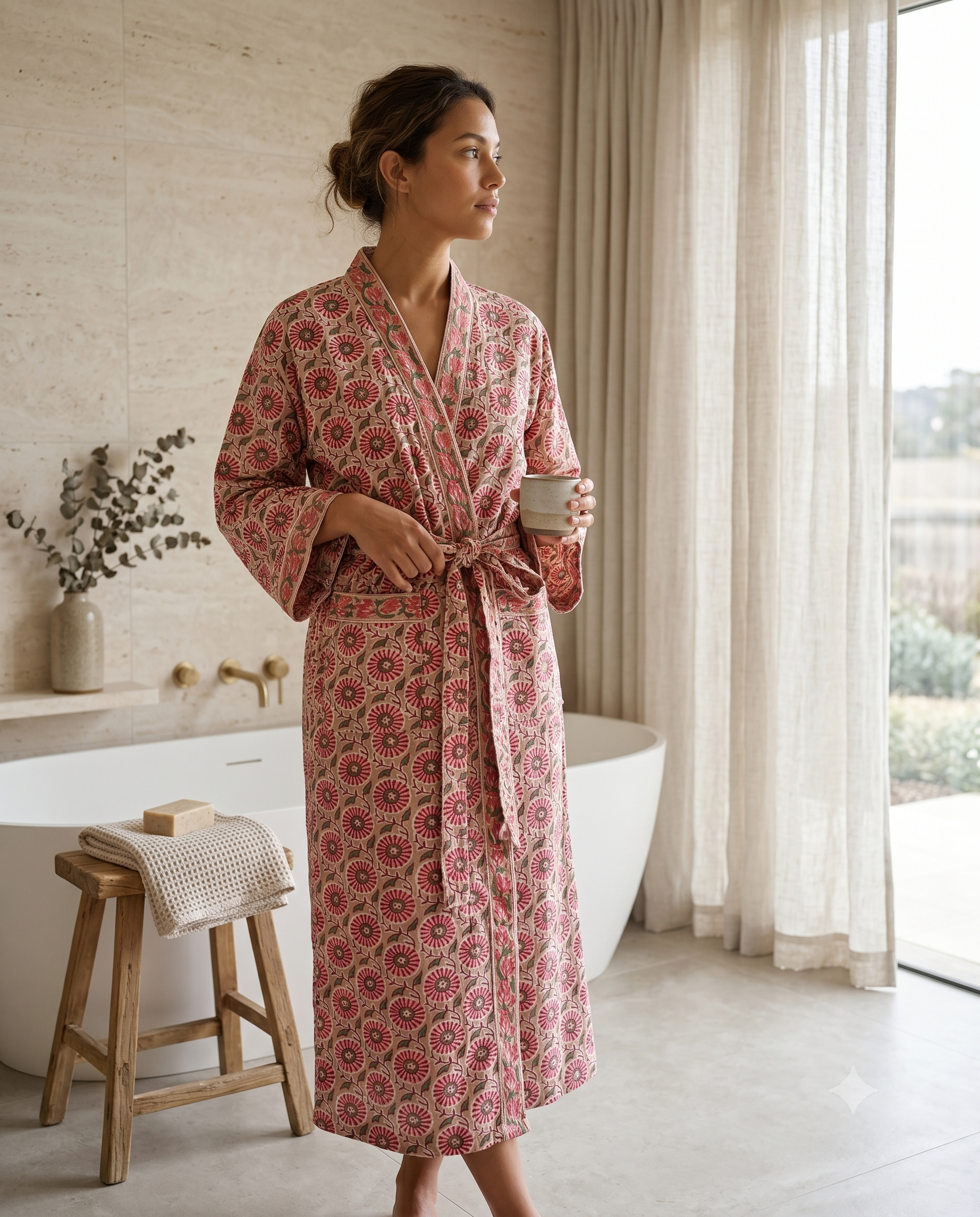 Taupe & Red Floral Waffle Cotton Kimono Robe – Marguerite