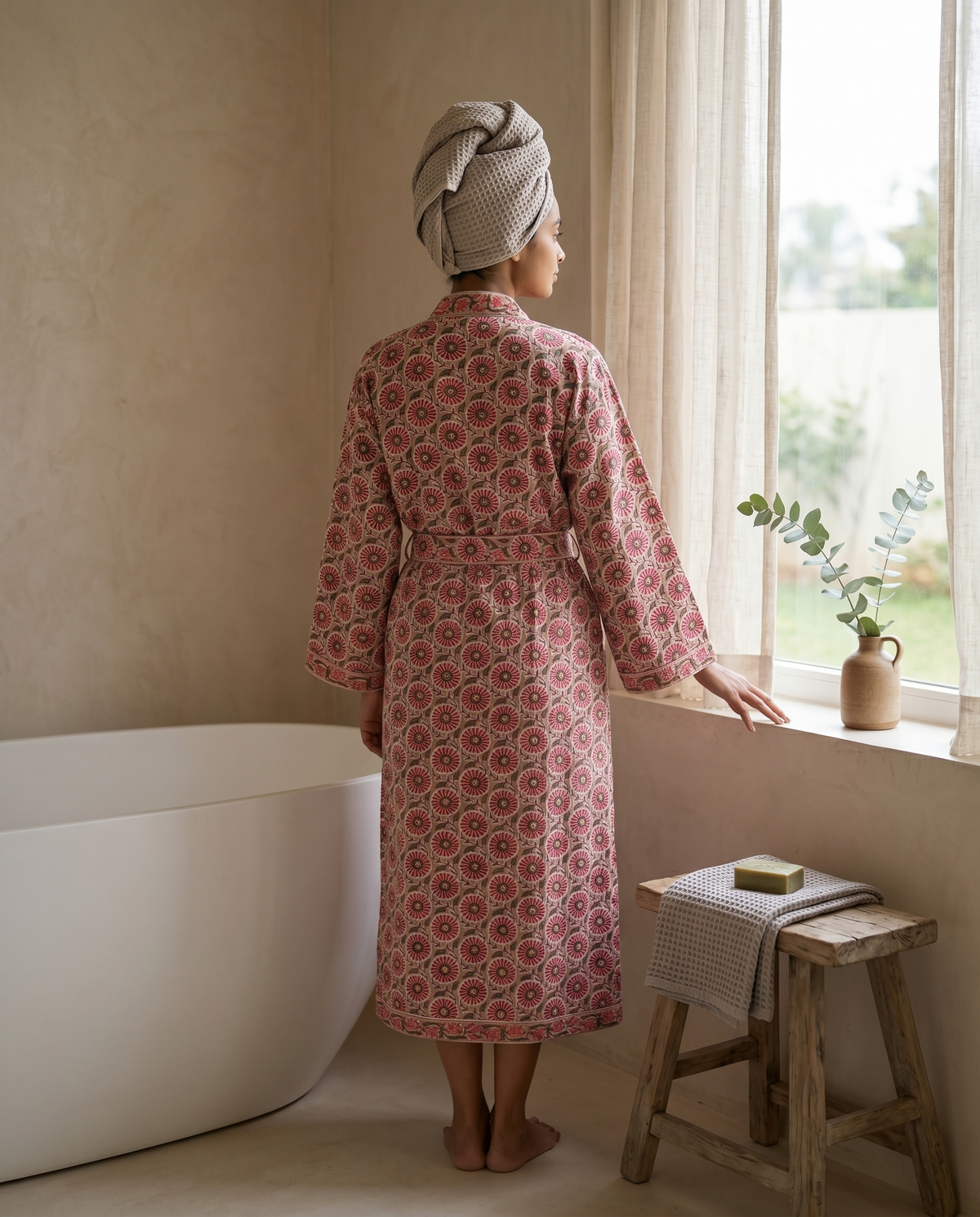 Taupe & Red Floral Waffle Cotton Kimono Robe – Marguerite