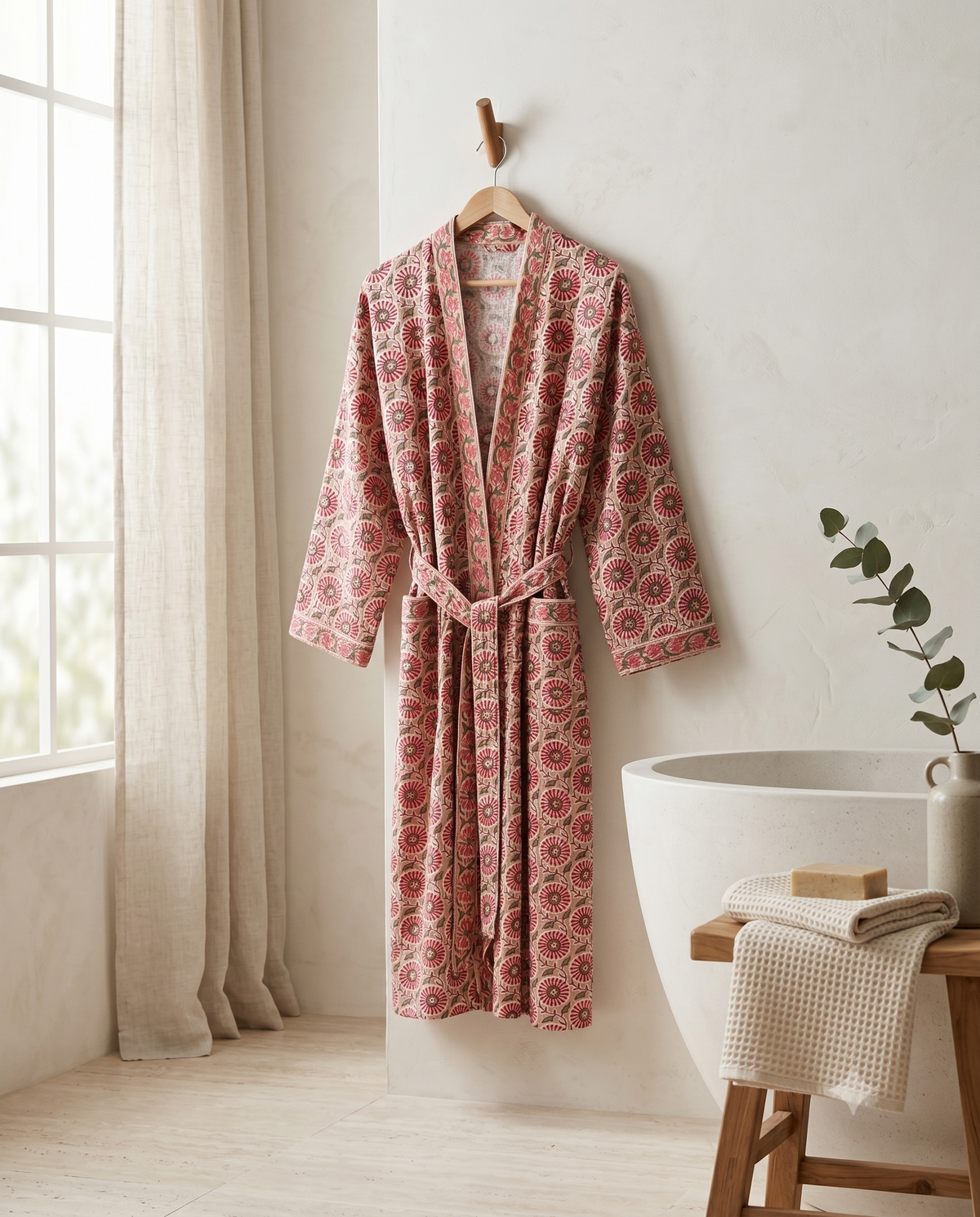 Taupe & Red Floral Waffle Cotton Kimono Robe – Marguerite
