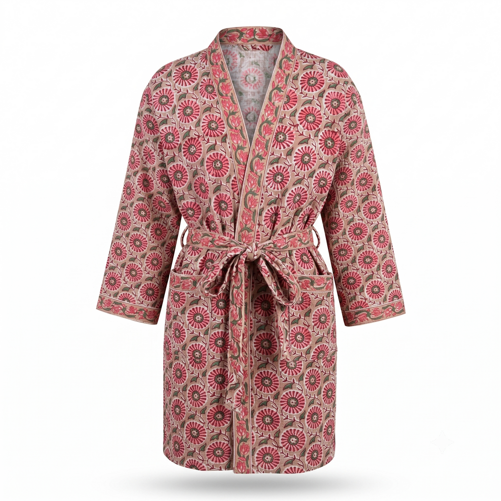 Taupe & Red Floral Waffle Cotton Kimono Robe – Marguerite