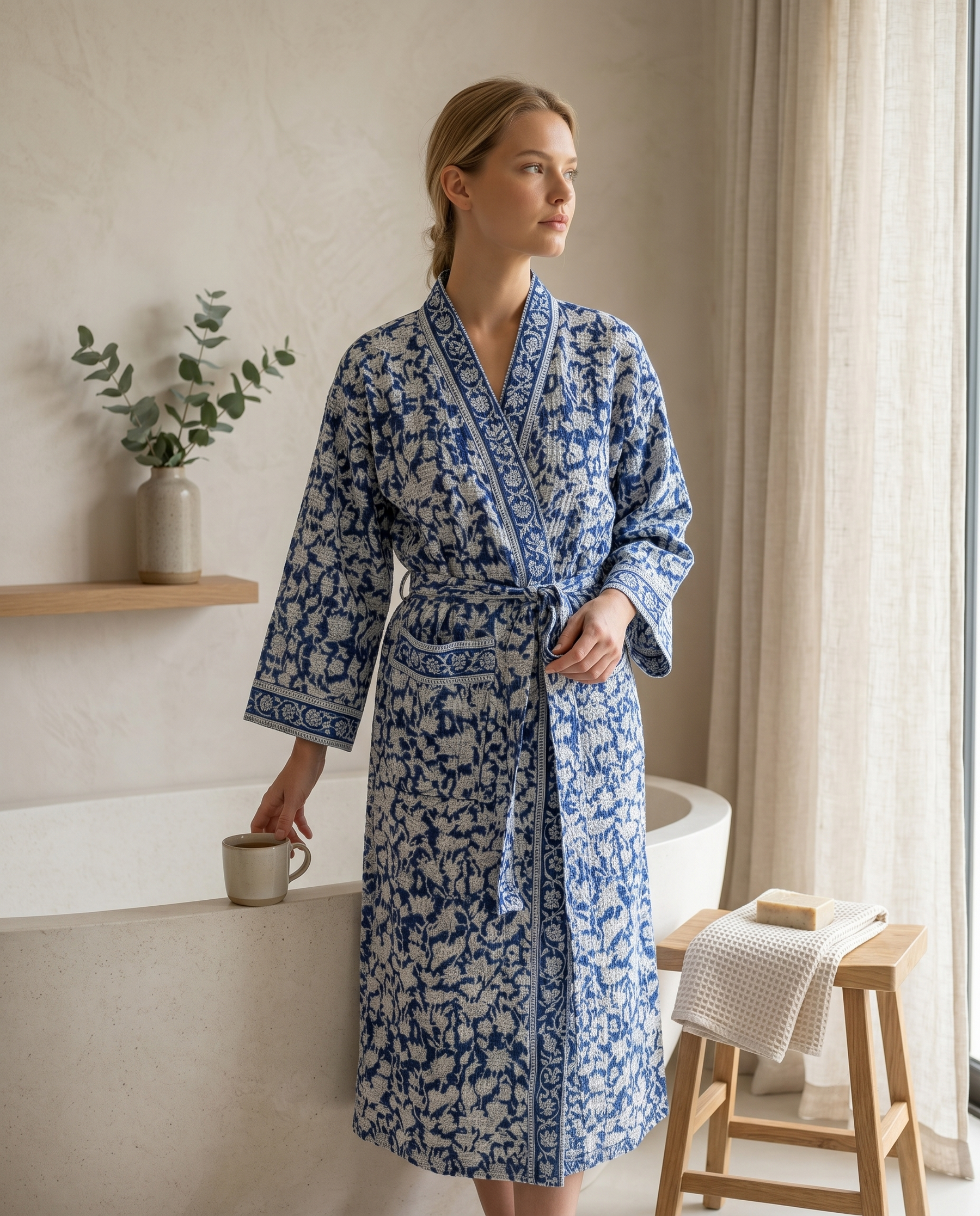 Blue & White Floral Waffle Cotton Kimono Robe – Delft