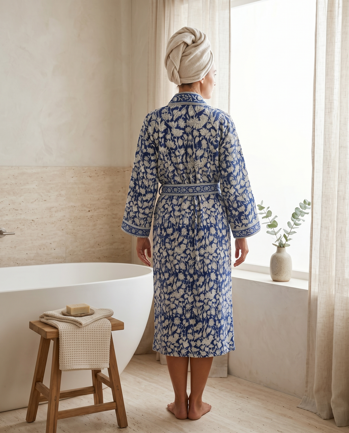 Blue & White Floral Waffle Cotton Kimono Robe – Delft