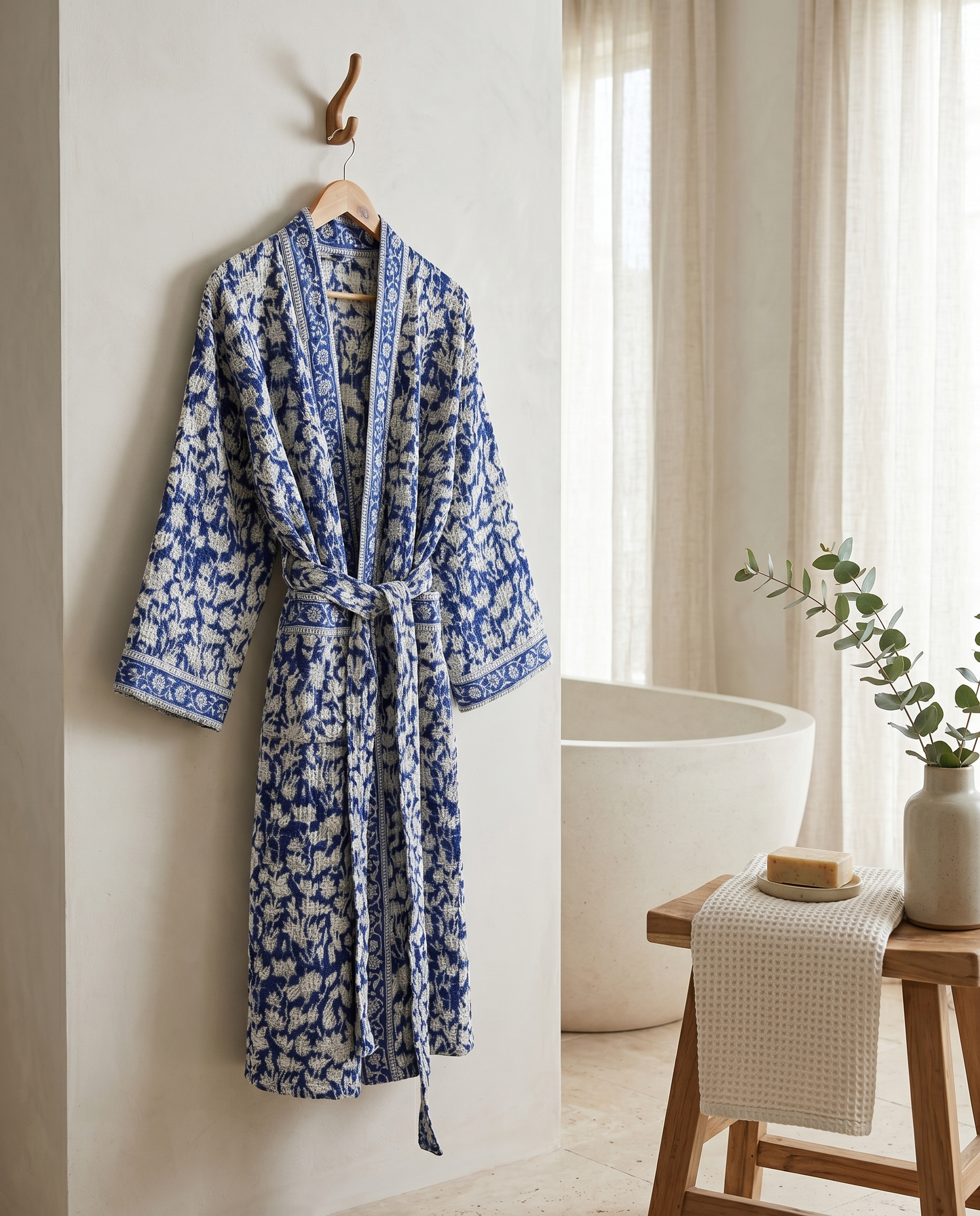 Blue & White Floral Waffle Cotton Kimono Robe – Delft