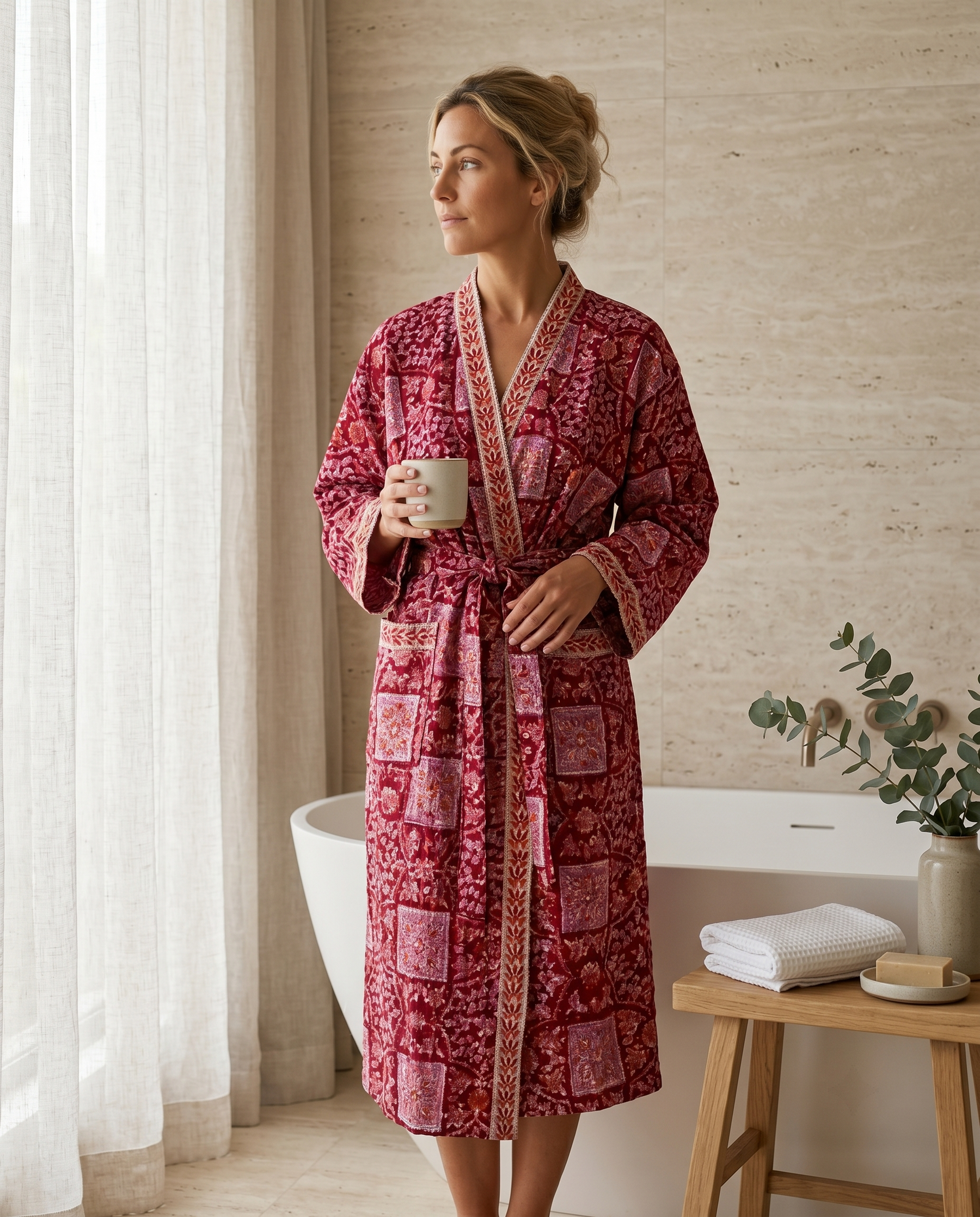 Crimson Patchwork Floral Waffle Cotton Kimono Robe – Cardinal