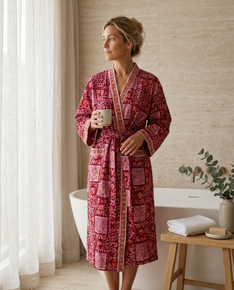 Crimson Patchwork Floral Waffle Cotton Kimono Robe – Cardinal