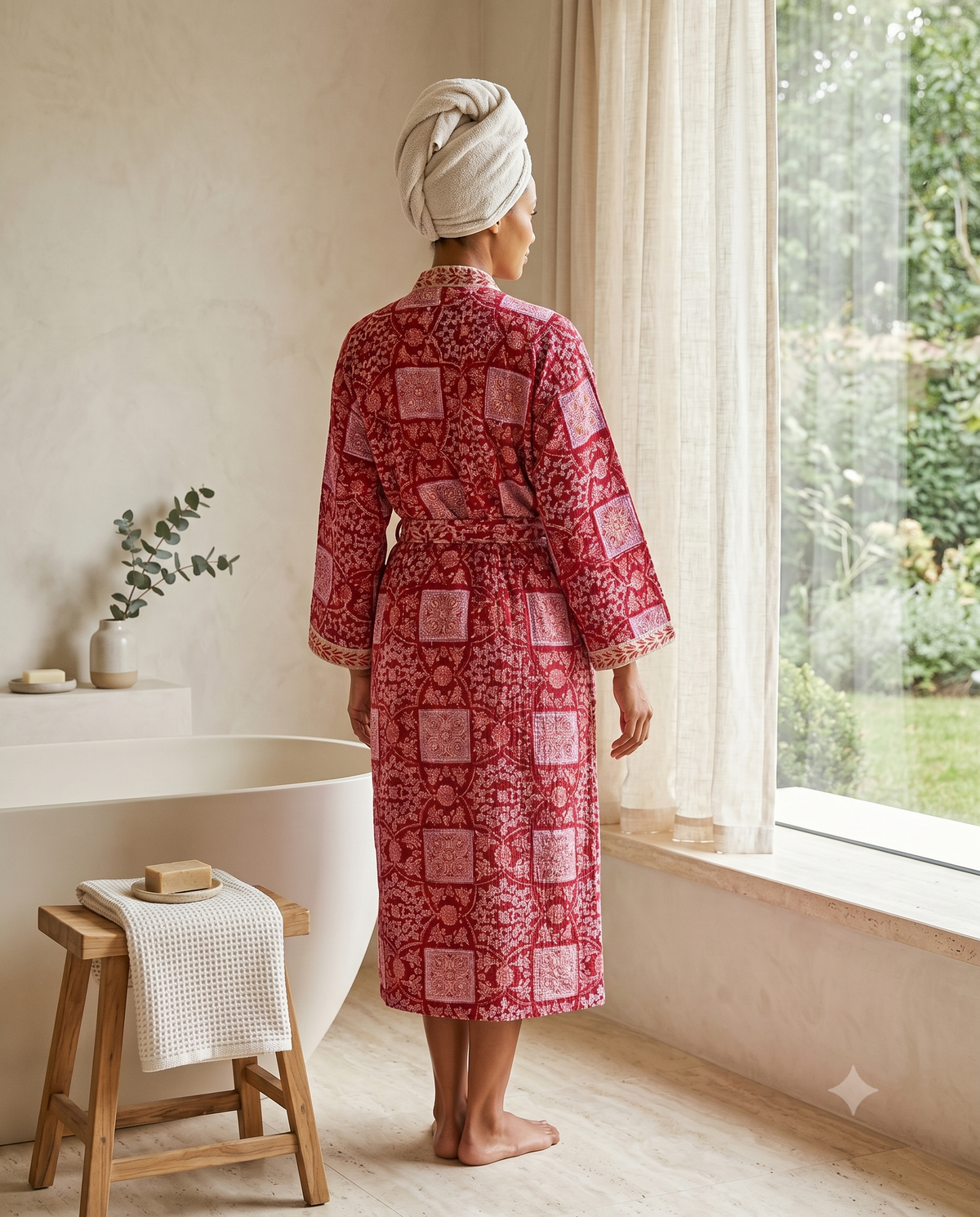 Crimson Patchwork Floral Waffle Cotton Kimono Robe – Cardinal