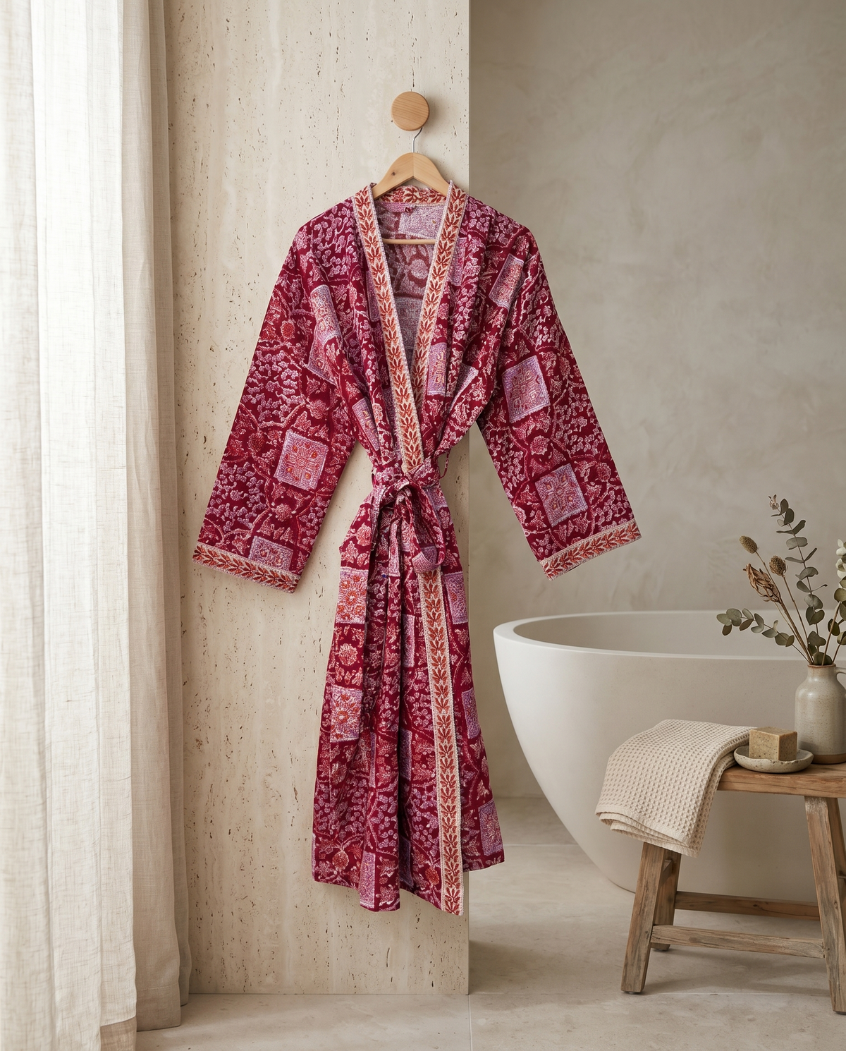 Crimson Patchwork Floral Waffle Cotton Kimono Robe – Cardinal