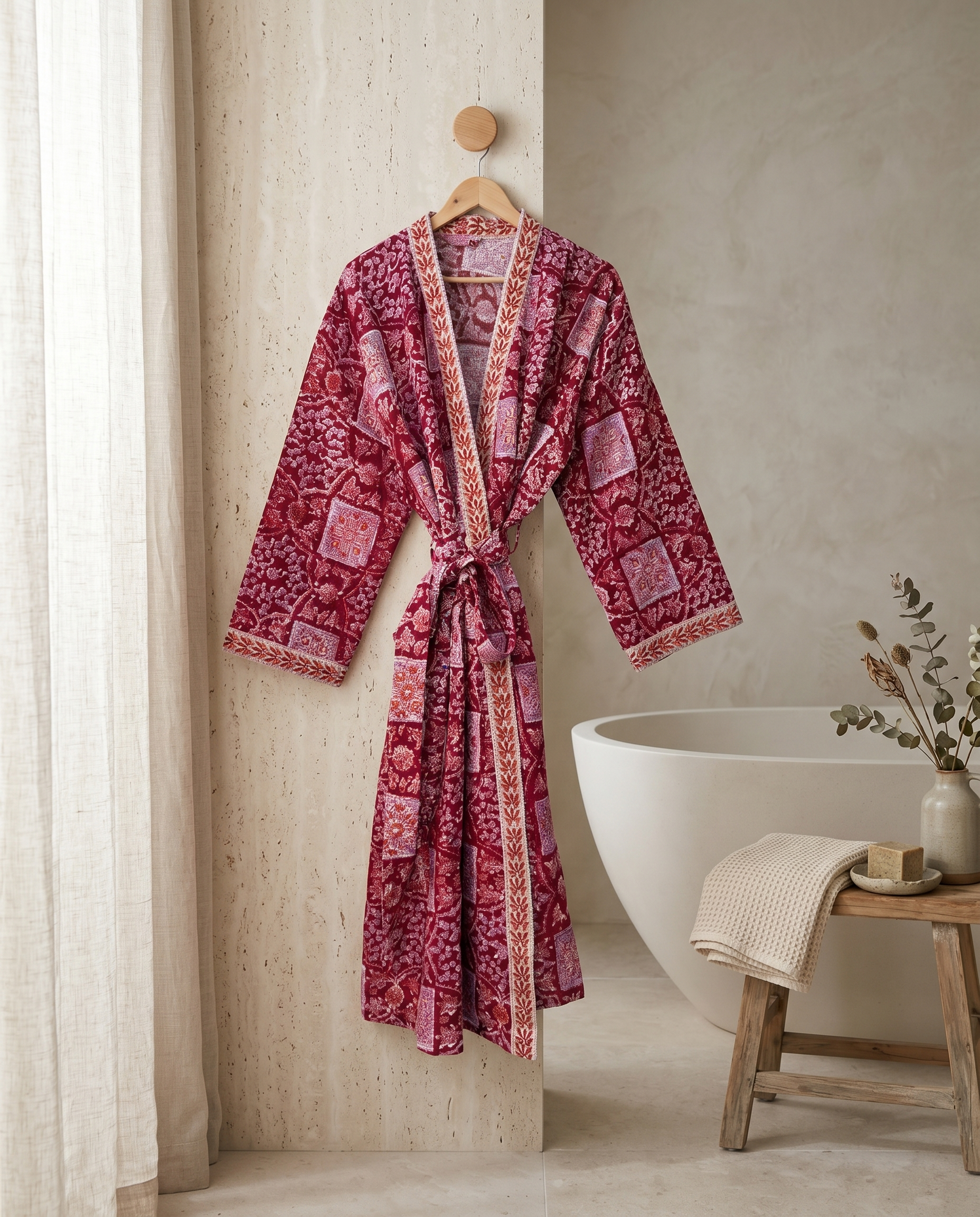 Crimson Patchwork Floral Waffle Cotton Kimono Robe – Cardinal