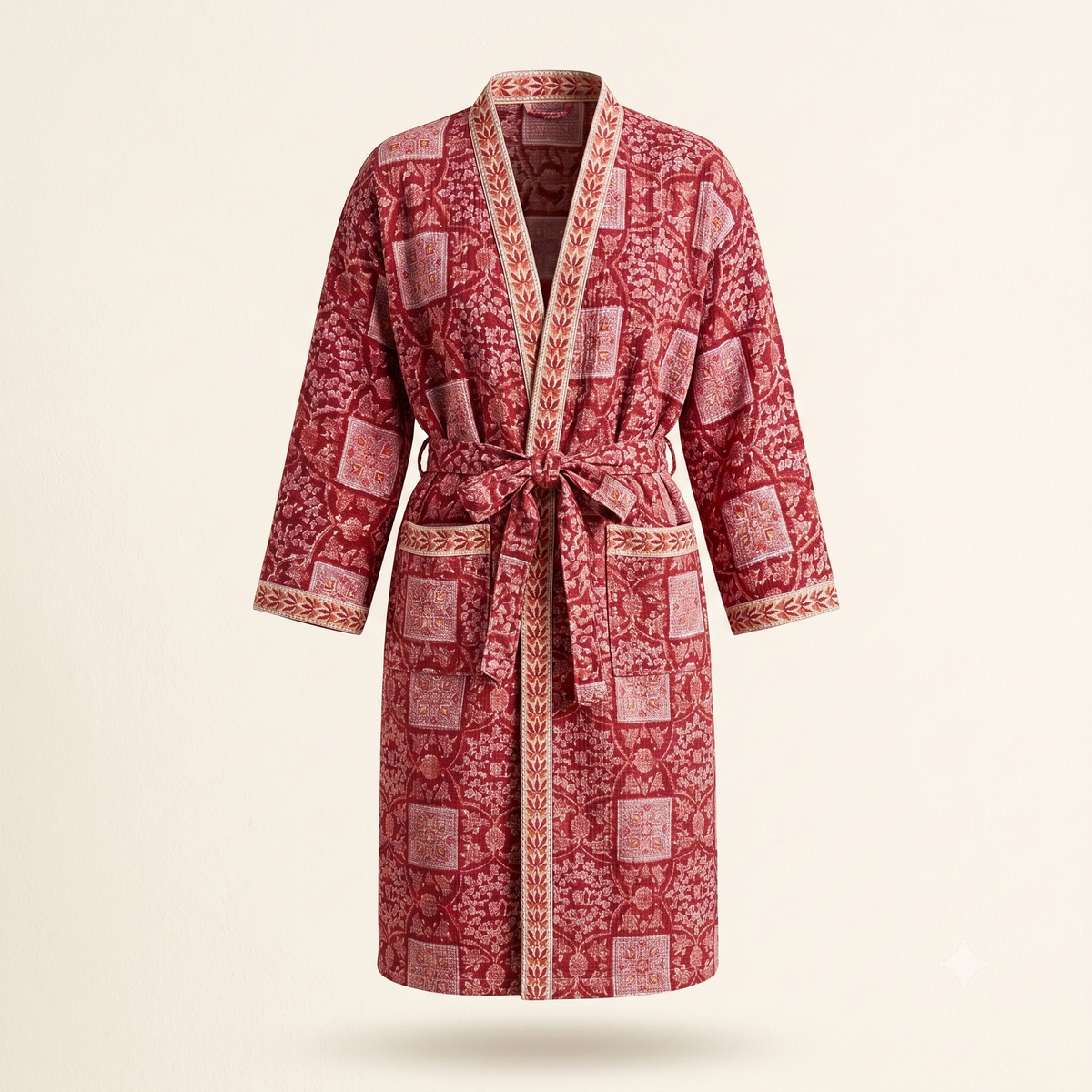 Crimson Patchwork Floral Waffle Cotton Kimono Robe – Cardinal