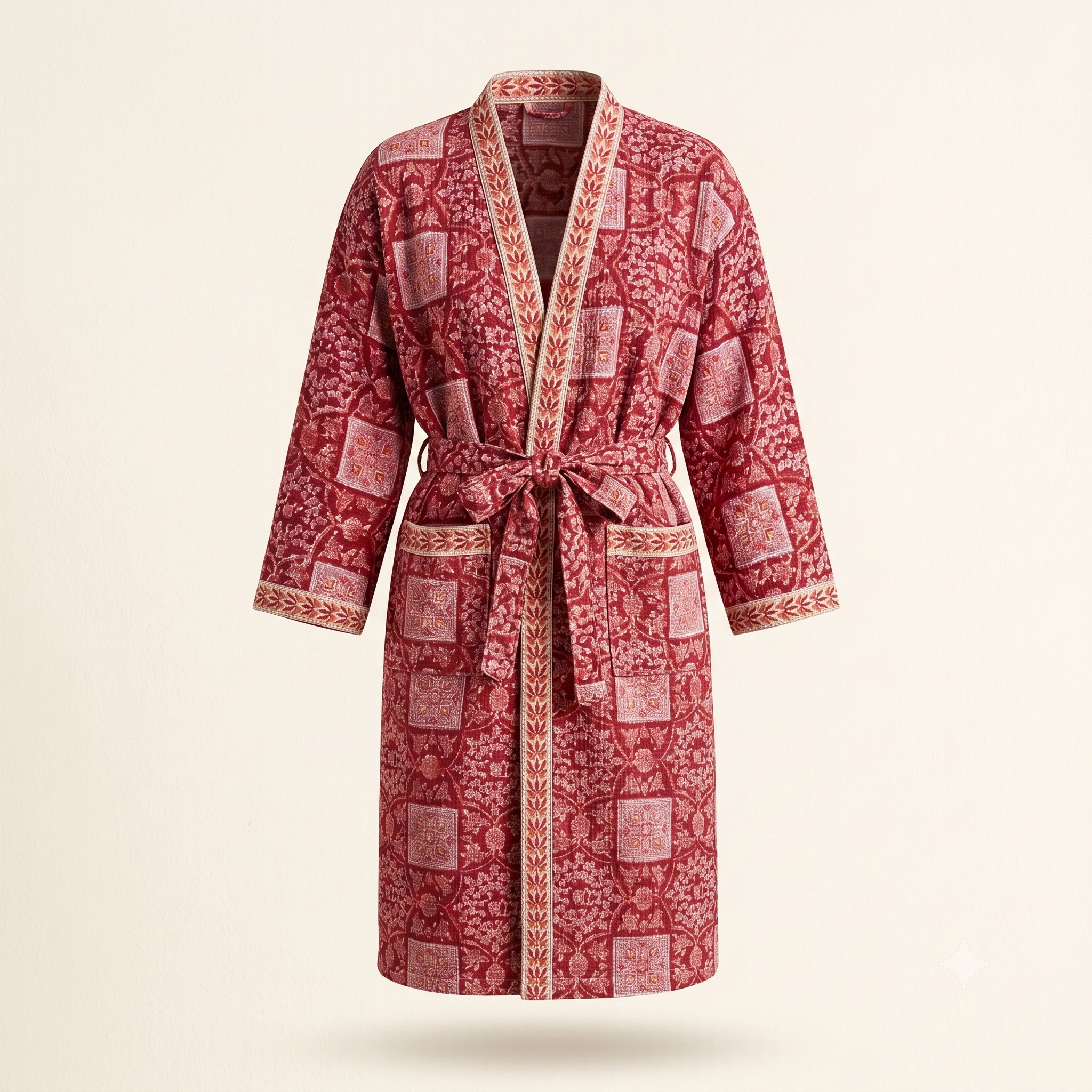 Crimson Patchwork Floral Waffle Cotton Kimono Robe – Cardinal