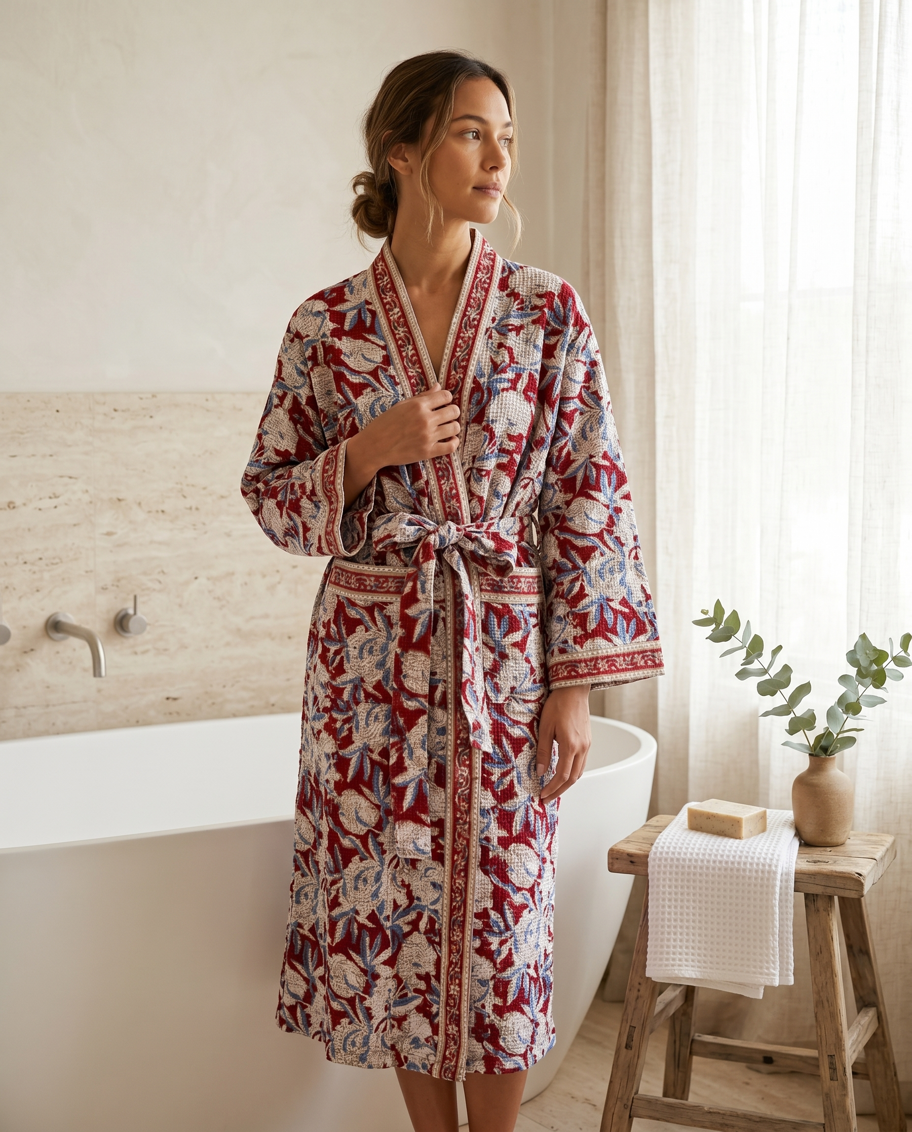 Red & Blue Floral Waffle Cotton Kimono Robe – Marsala