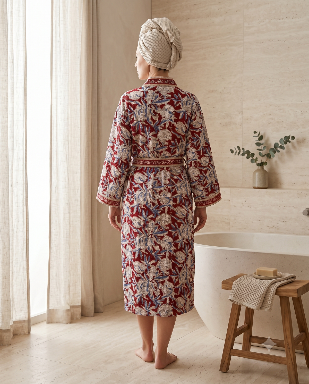 Red & Blue Floral Waffle Cotton Kimono Robe – Marsala