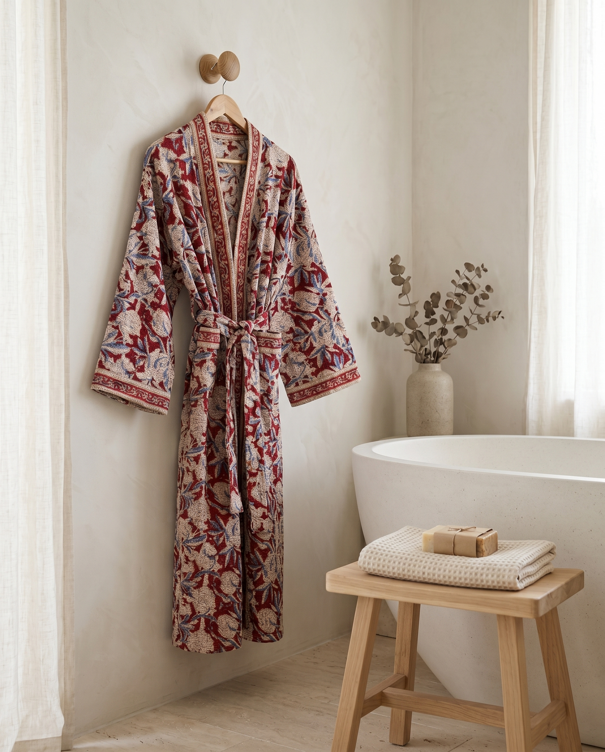 Red & Blue Floral Waffle Cotton Kimono Robe – Marsala