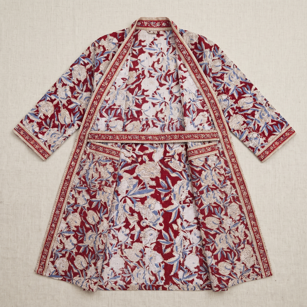 Red & Blue Floral Waffle Cotton Kimono Robe – Marsala