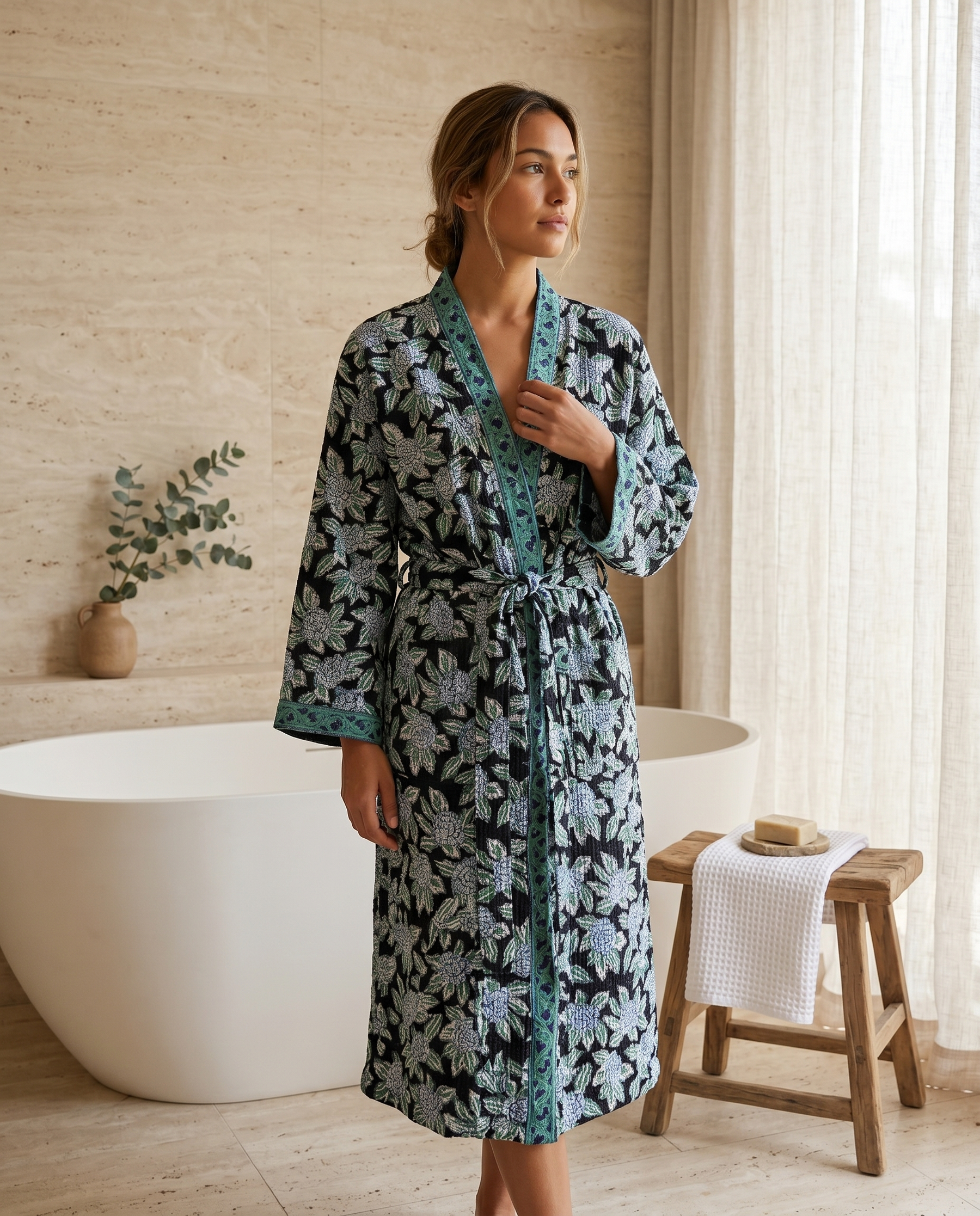 Black & Teal Floral Waffle Cotton Kimono Robe – Onyx