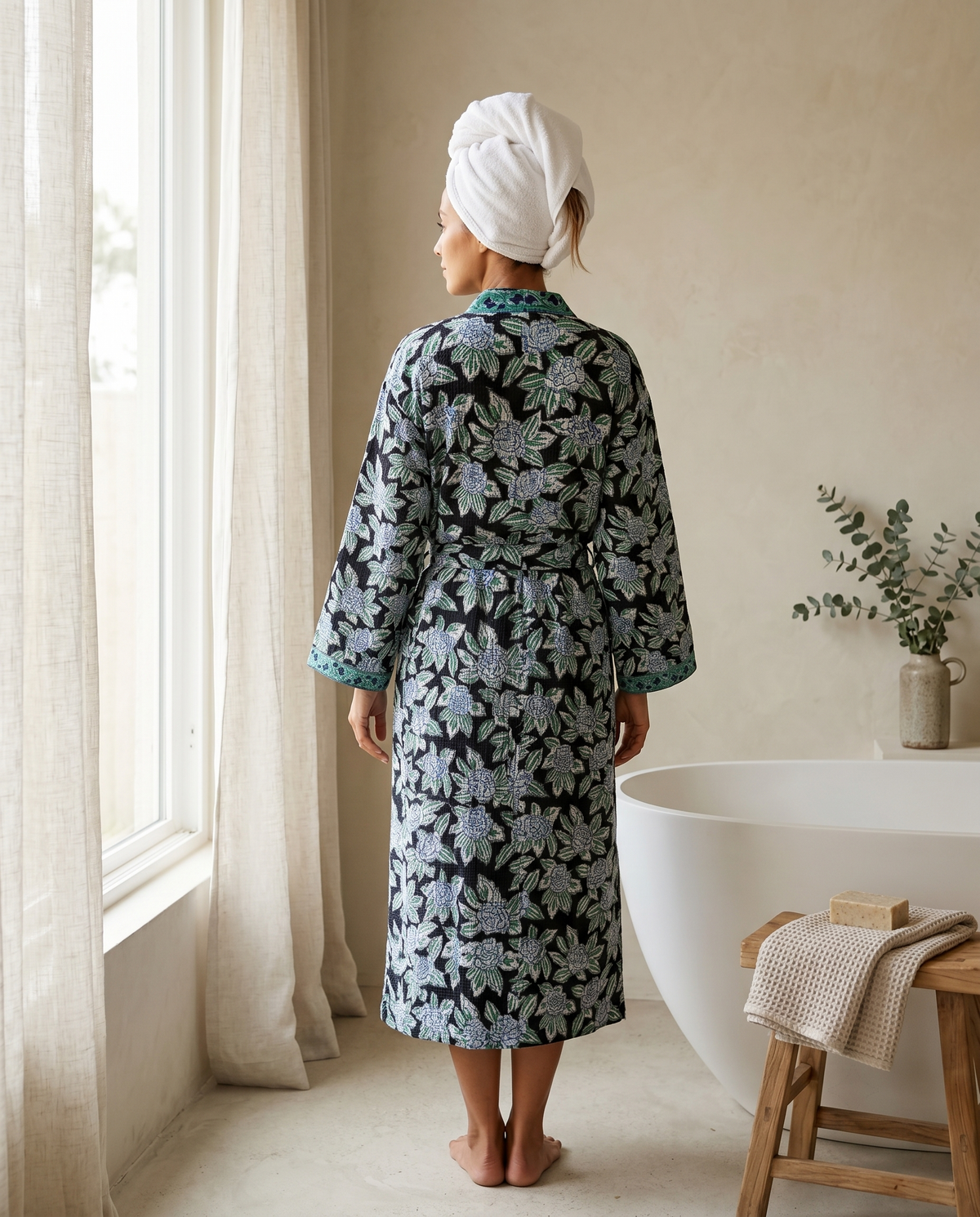 Black & Teal Floral Waffle Cotton Kimono Robe – Onyx