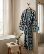 Black & Teal Floral Waffle Cotton Kimono Robe – Onyx