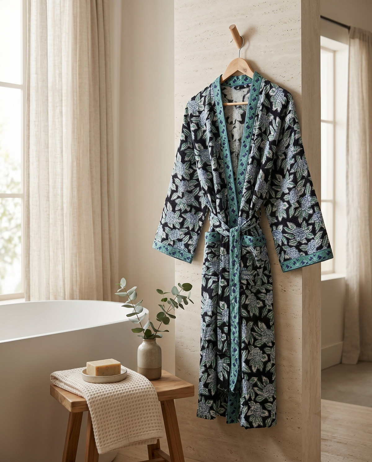 Black & Teal Floral Waffle Cotton Kimono Robe – Onyx