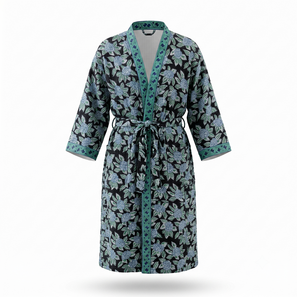 Black & Teal Floral Waffle Cotton Kimono Robe – Onyx