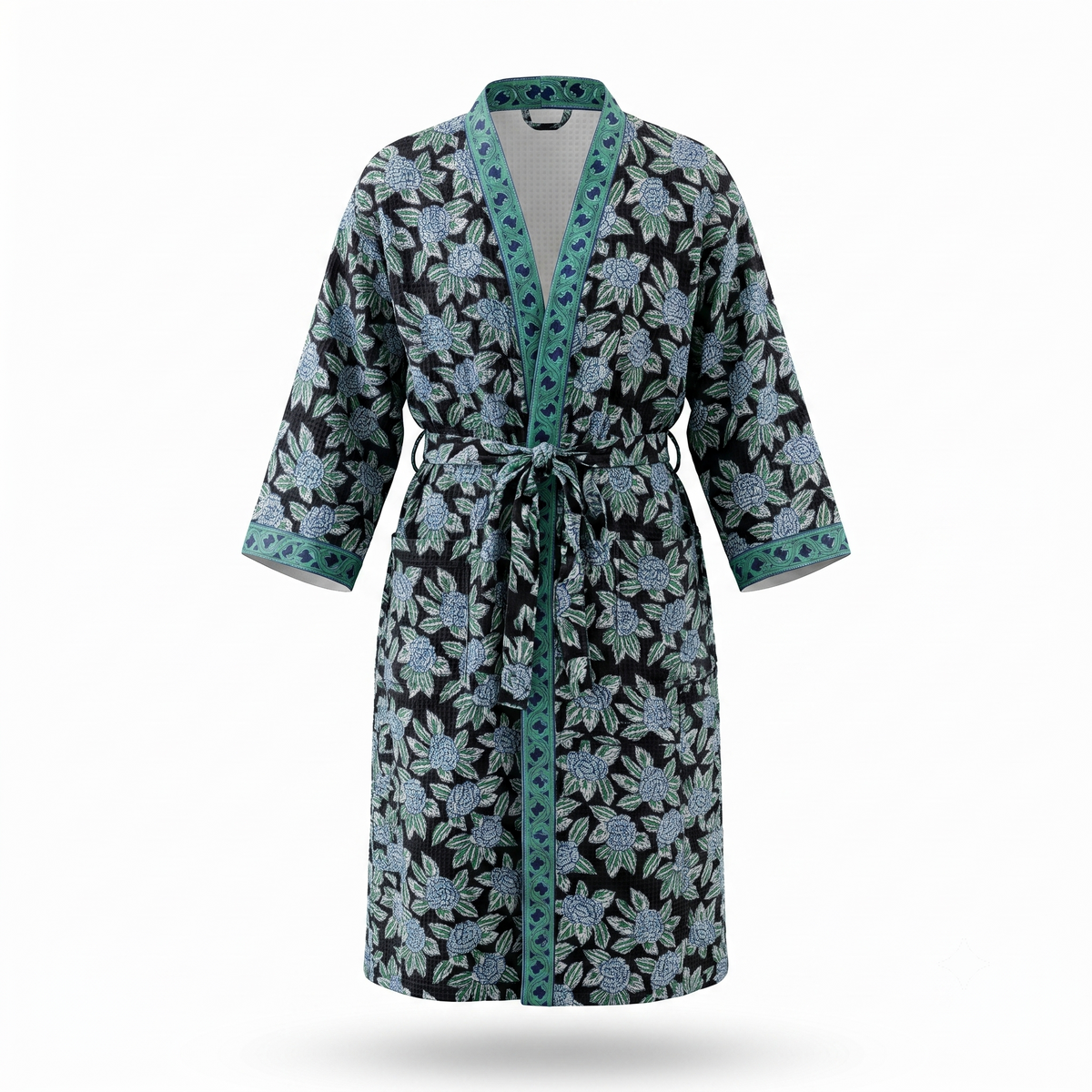 Black & Teal Floral Waffle Cotton Kimono Robe – Onyx