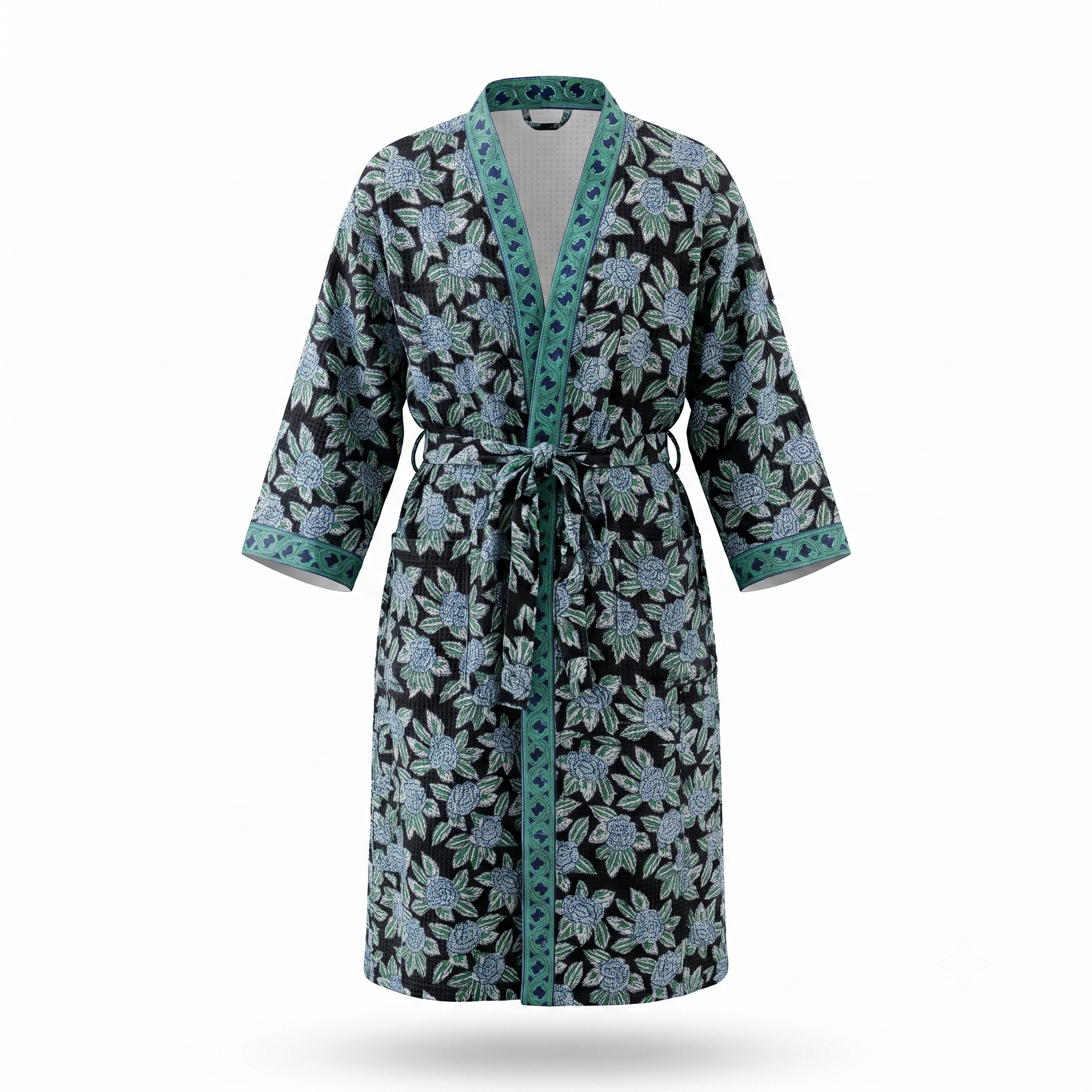 Black & Teal Floral Waffle Cotton Kimono Robe – Onyx