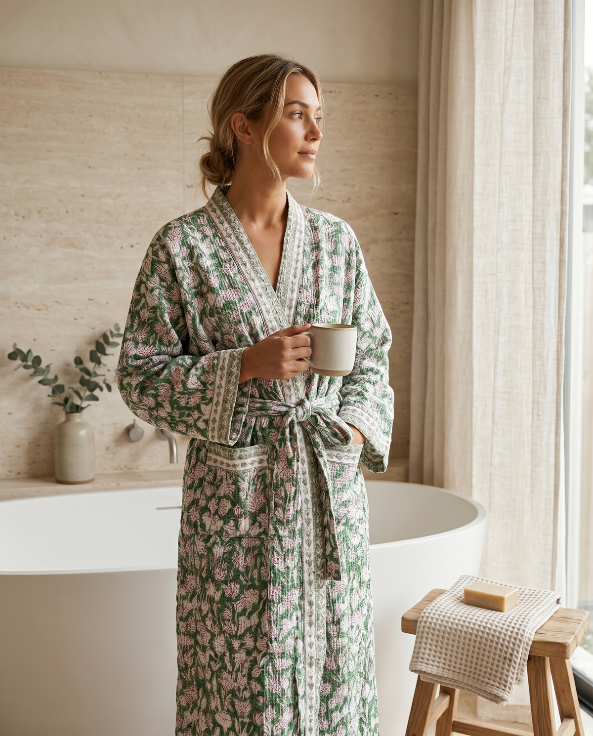 Green & Pink Floral Waffle Cotton Kimono Robe – Clover