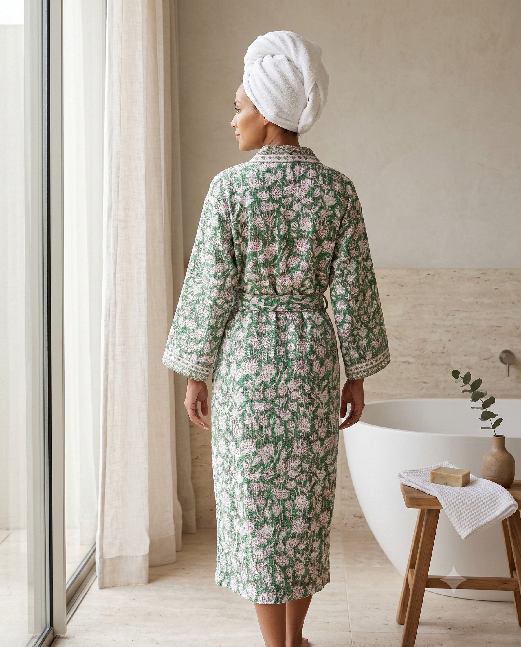 Green & Pink Floral Waffle Cotton Kimono Robe – Clover