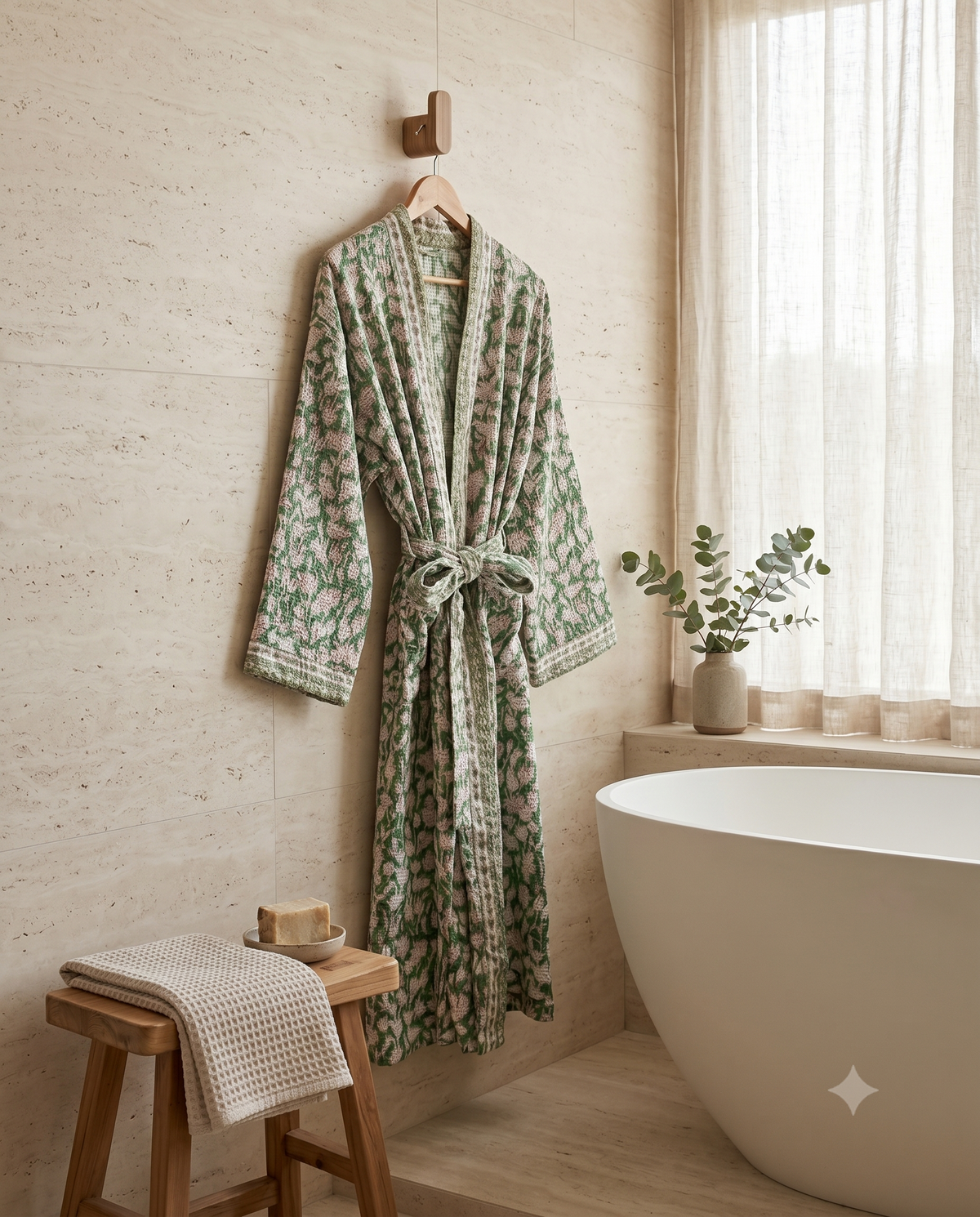 Green & Pink Floral Waffle Cotton Kimono Robe – Clover