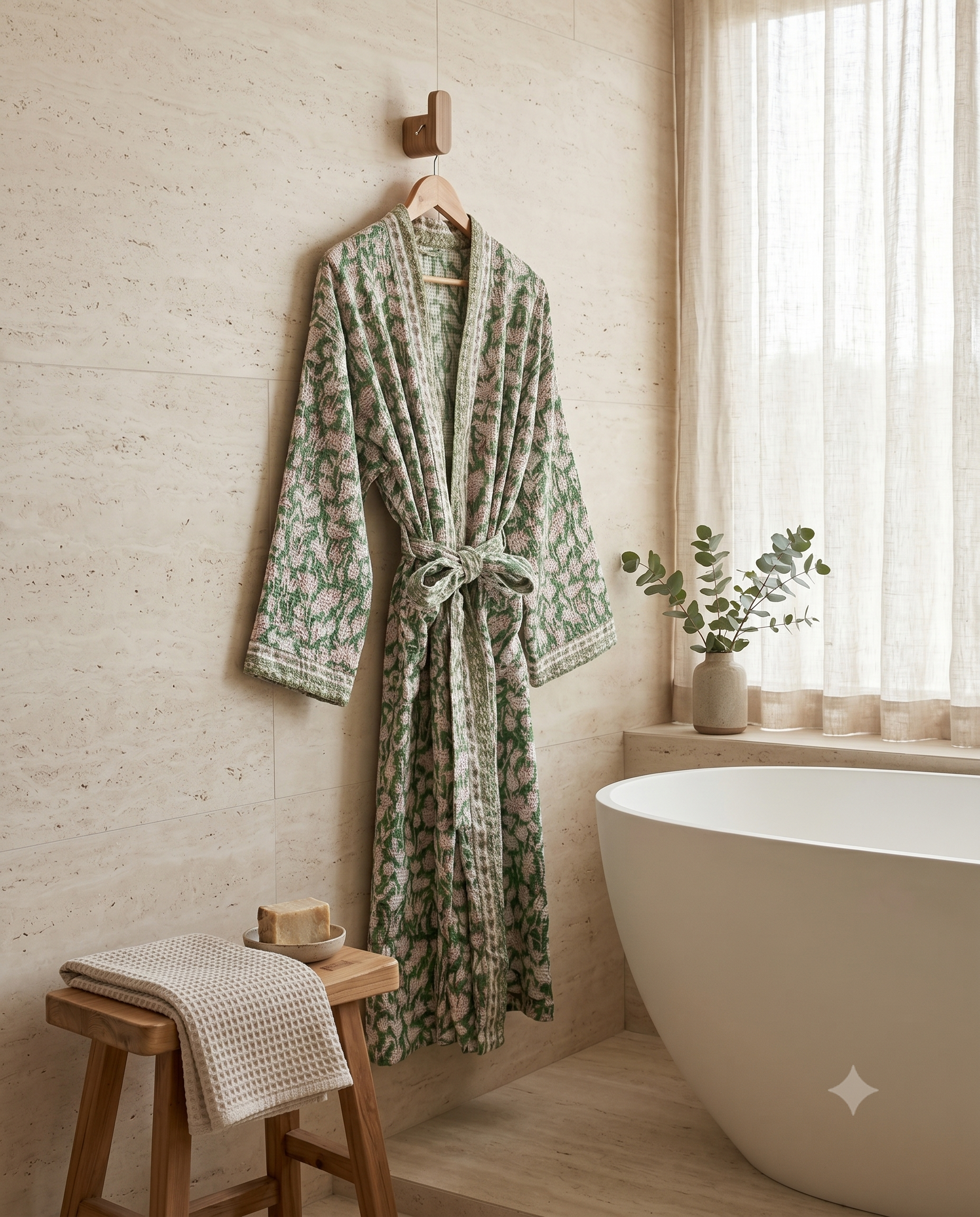 Green & Pink Floral Waffle Cotton Kimono Robe – Clover