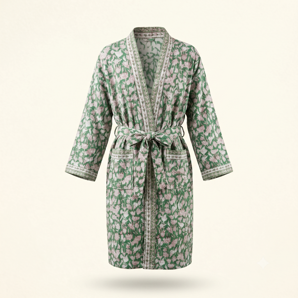Green & Pink Floral Waffle Cotton Kimono Robe – Clover