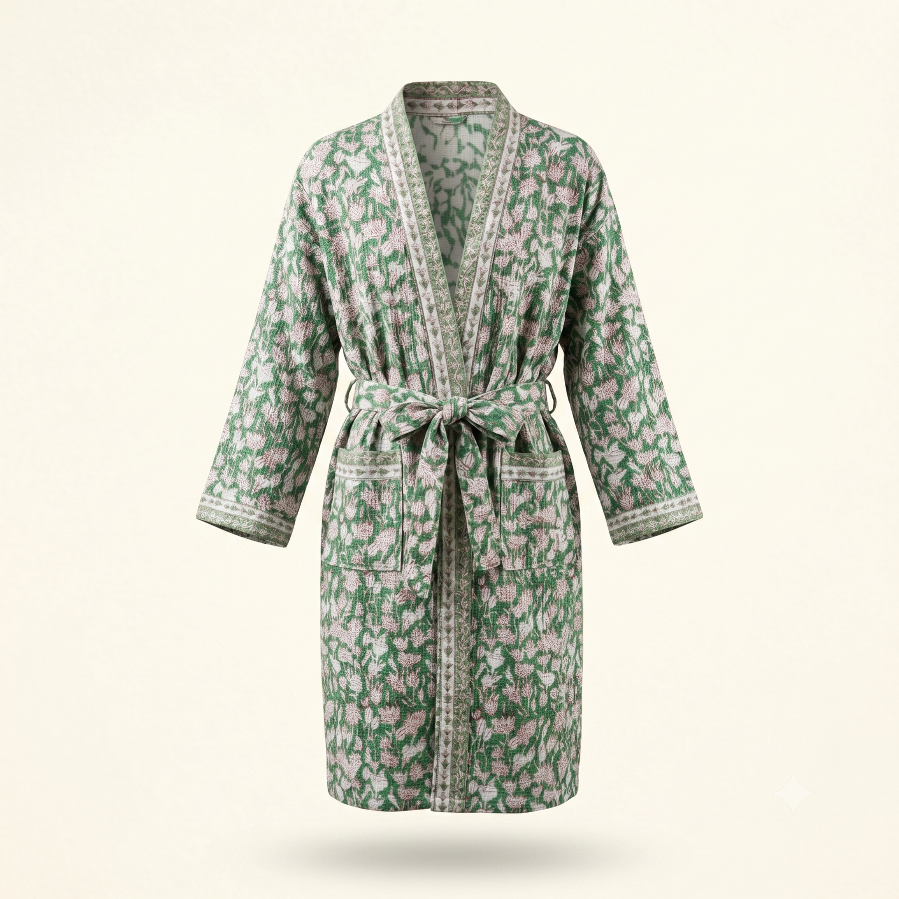 Green & Pink Floral Waffle Cotton Kimono Robe – Clover