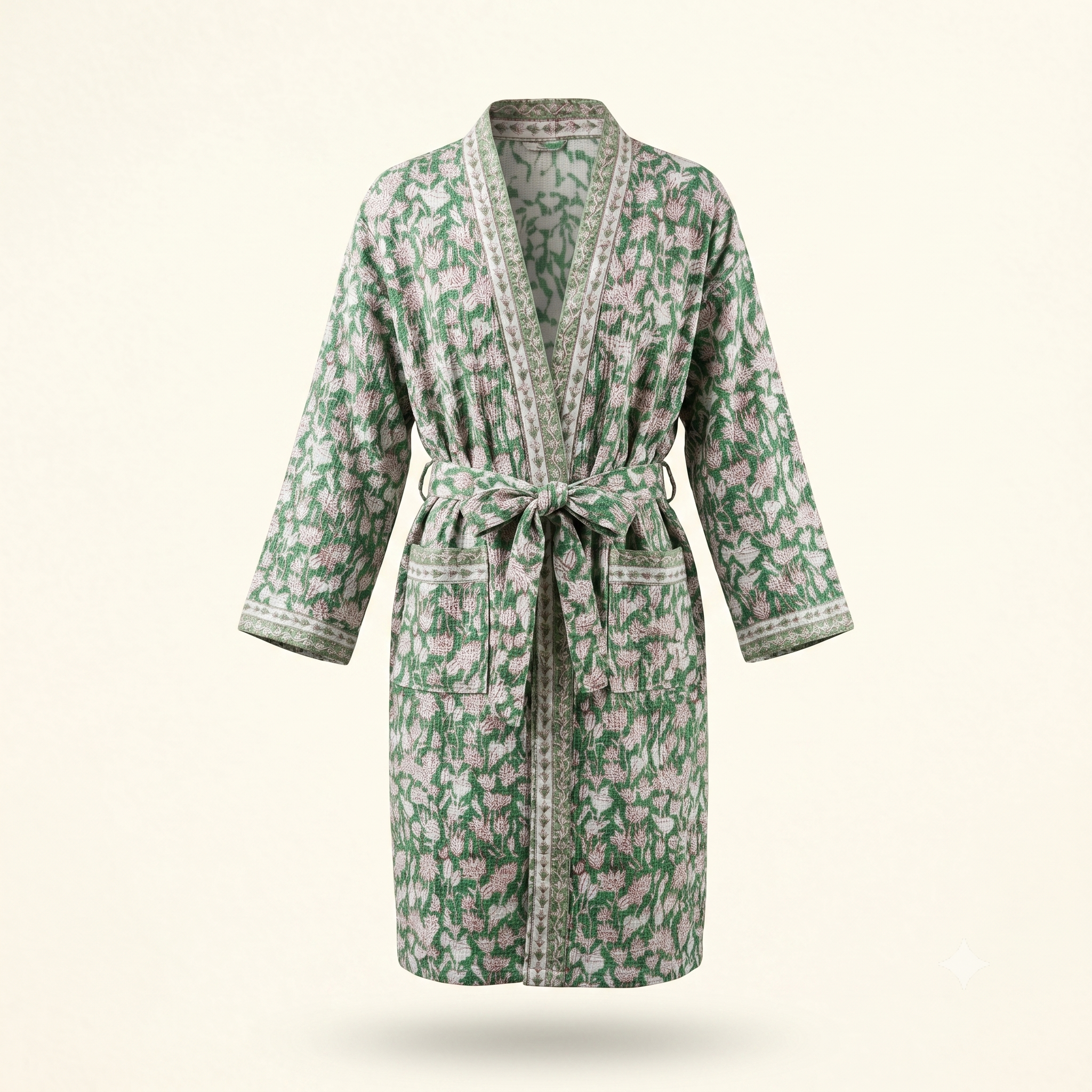 Green & Pink Floral Waffle Cotton Kimono Robe – Clover