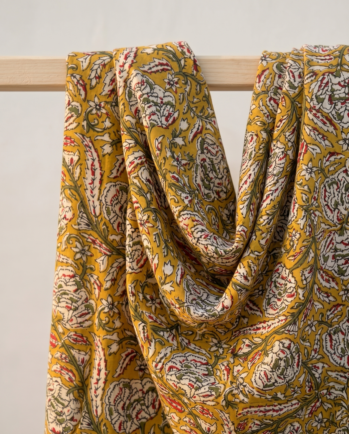 Bagru Daboo Block Print Cotton Fabric – Mustard Floral