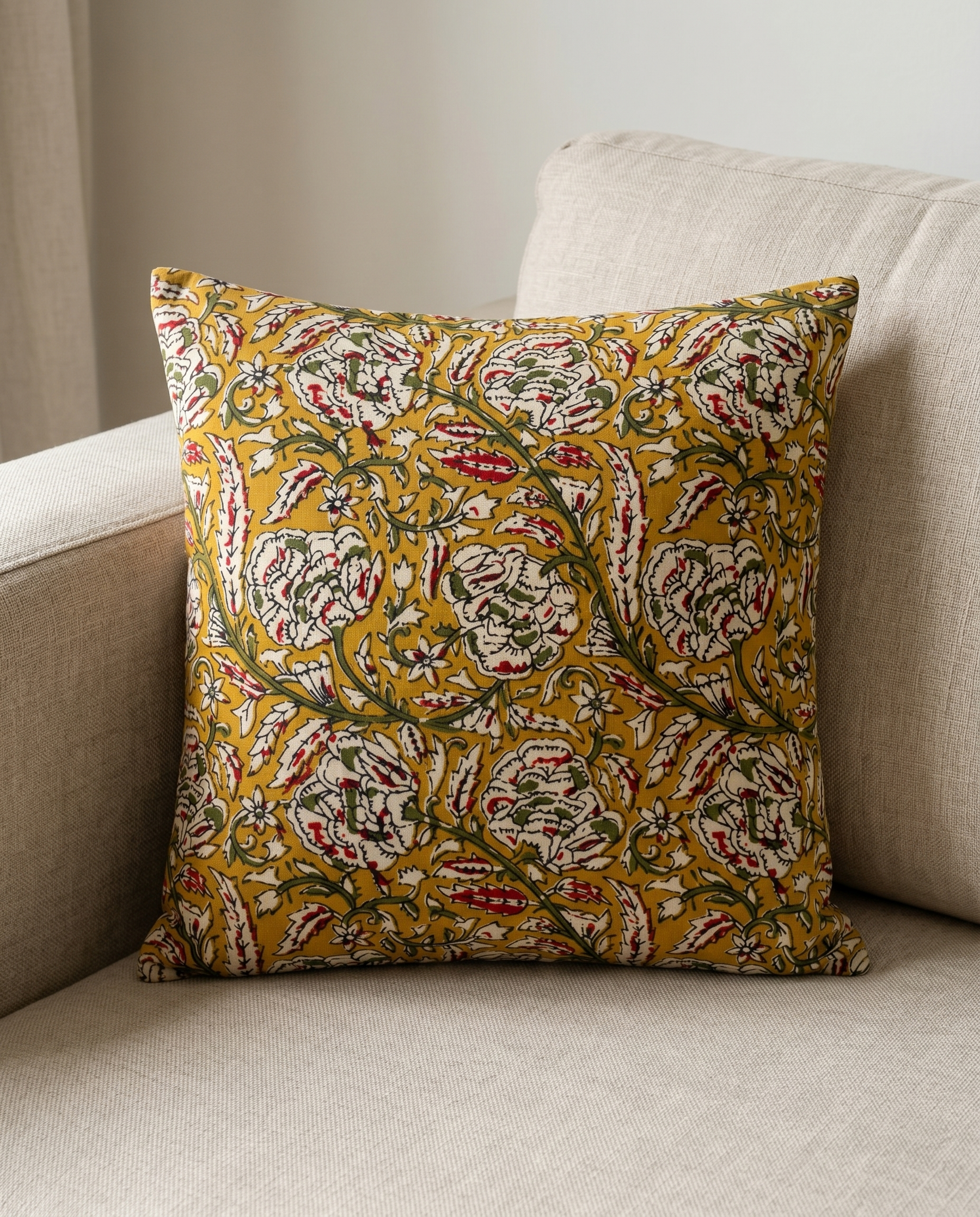 Bagru Daboo Block Print Cotton Fabric – Mustard Floral