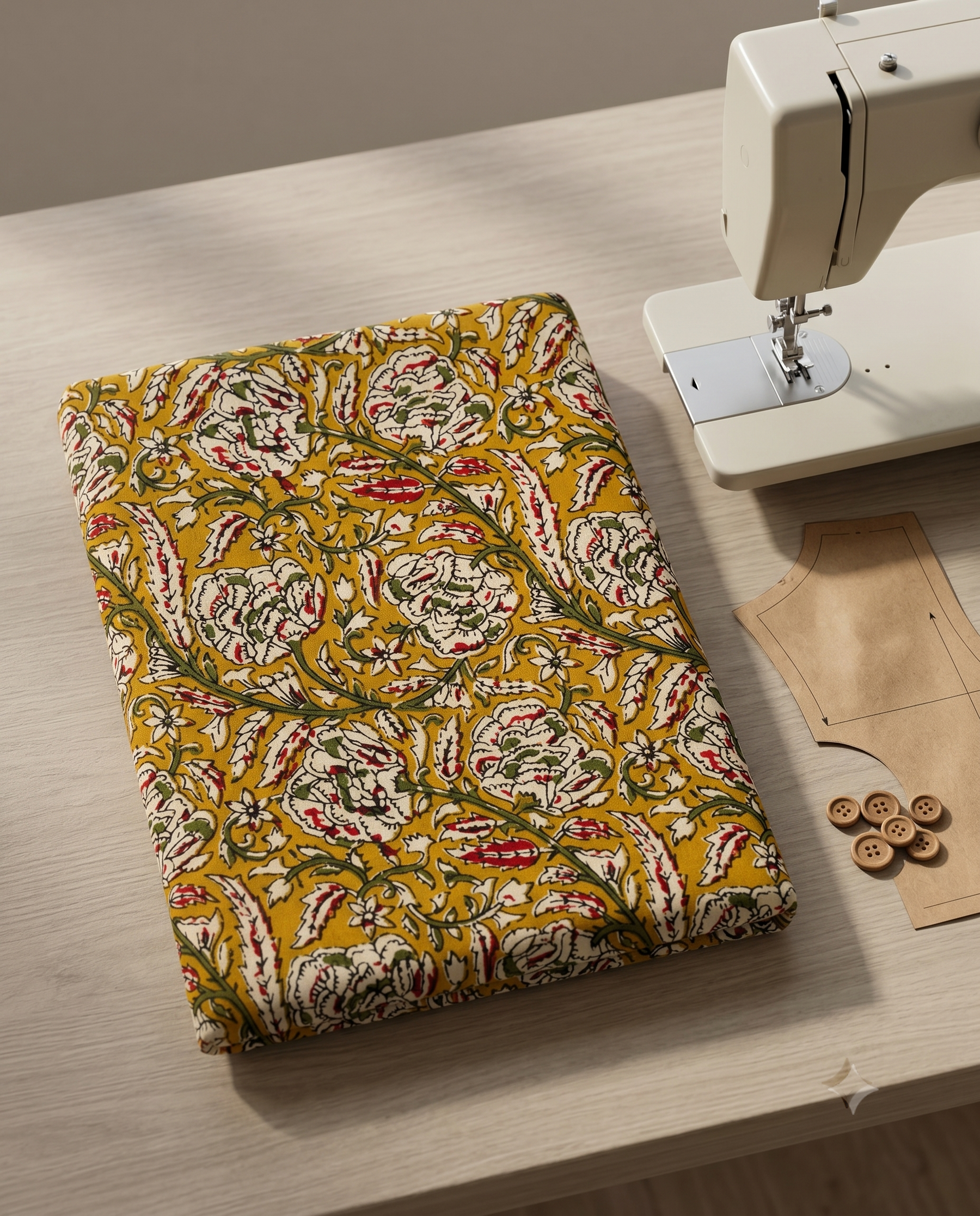 Bagru Daboo Block Print Cotton Fabric – Mustard Floral
