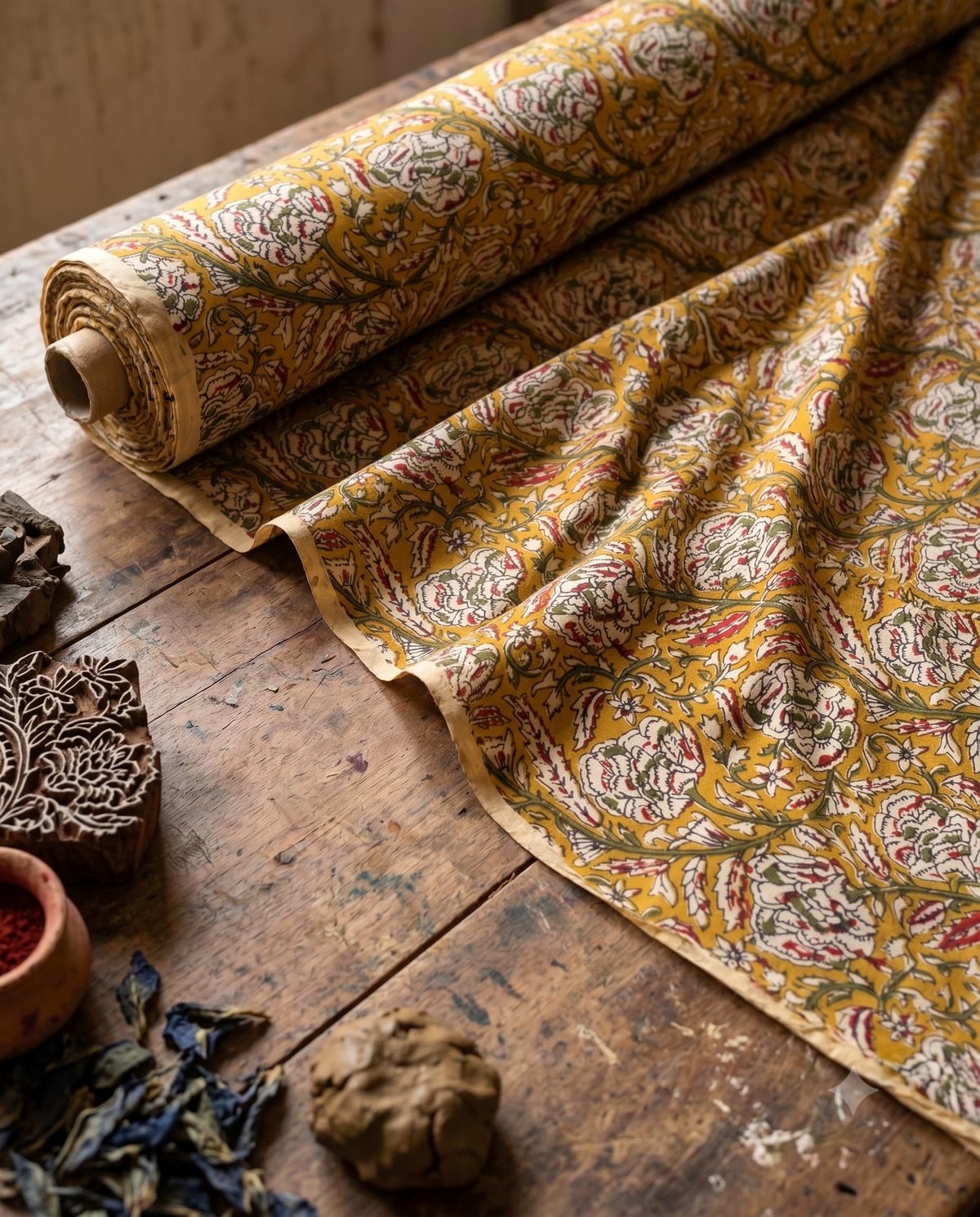 Bagru Daboo Block Print Cotton Fabric – Mustard Floral
