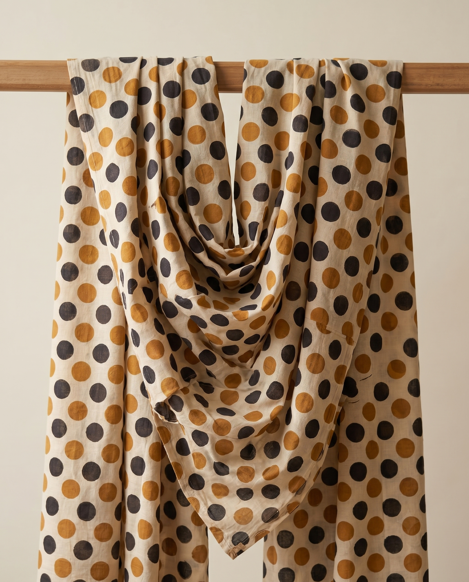 Bagru Daboo Block Print Cotton Fabric – Gold & Black Polka Dot