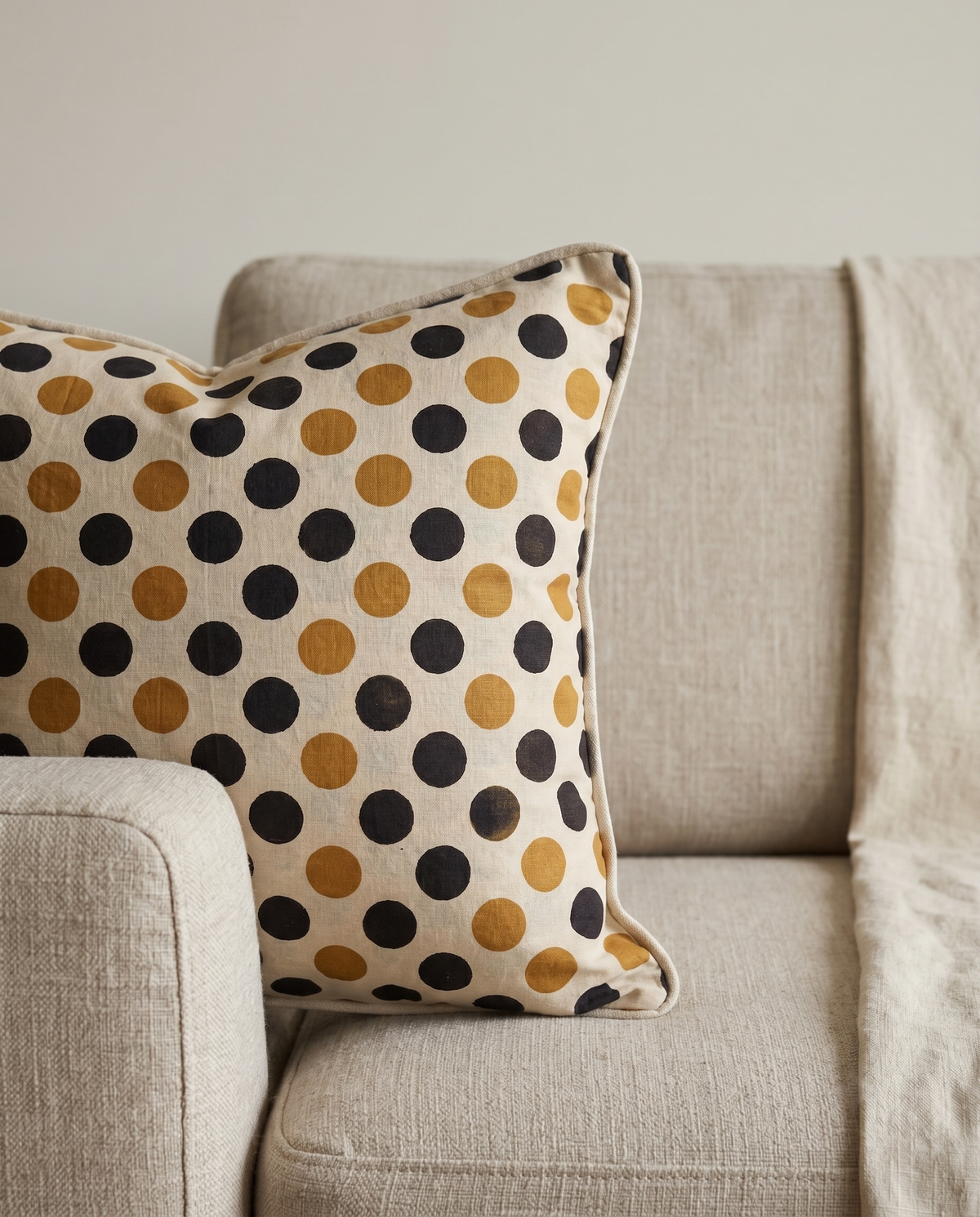 Bagru Daboo Block Print Cotton Fabric – Gold & Black Polka Dot