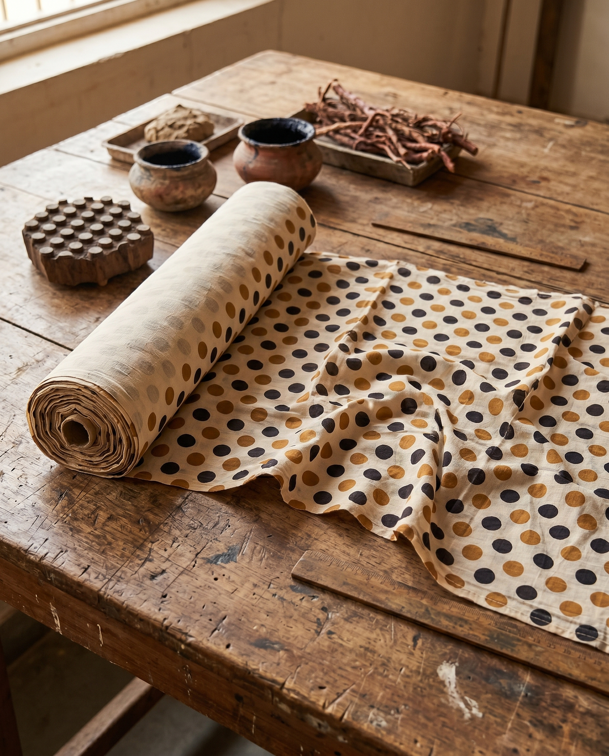 Bagru Daboo Block Print Cotton Fabric – Gold & Black Polka Dot