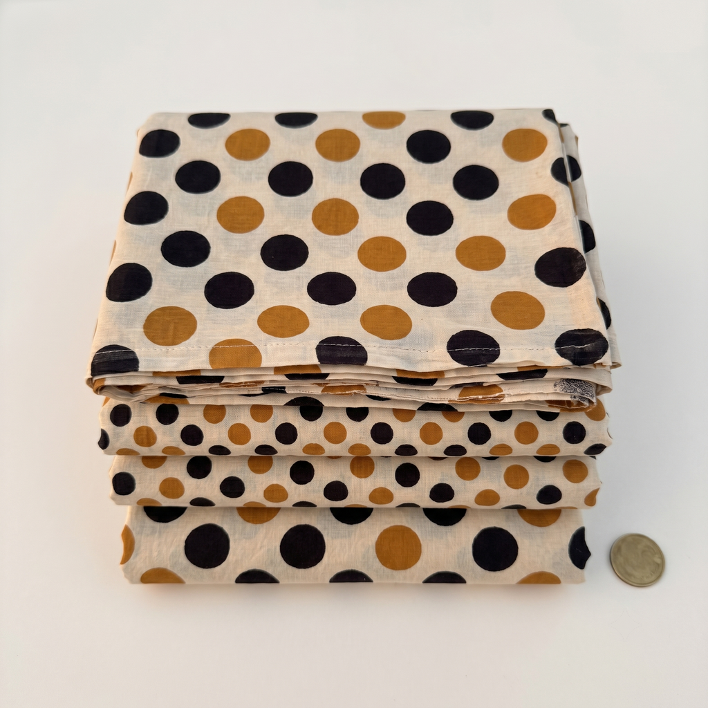 Bagru Daboo Block Print Cotton Fabric – Gold & Black Polka Dot